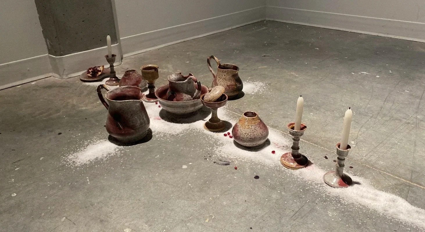 'WHAT CONSUMES YOU' Installation, cone 10 reduction. Wheel thrown and bitten. 2025.