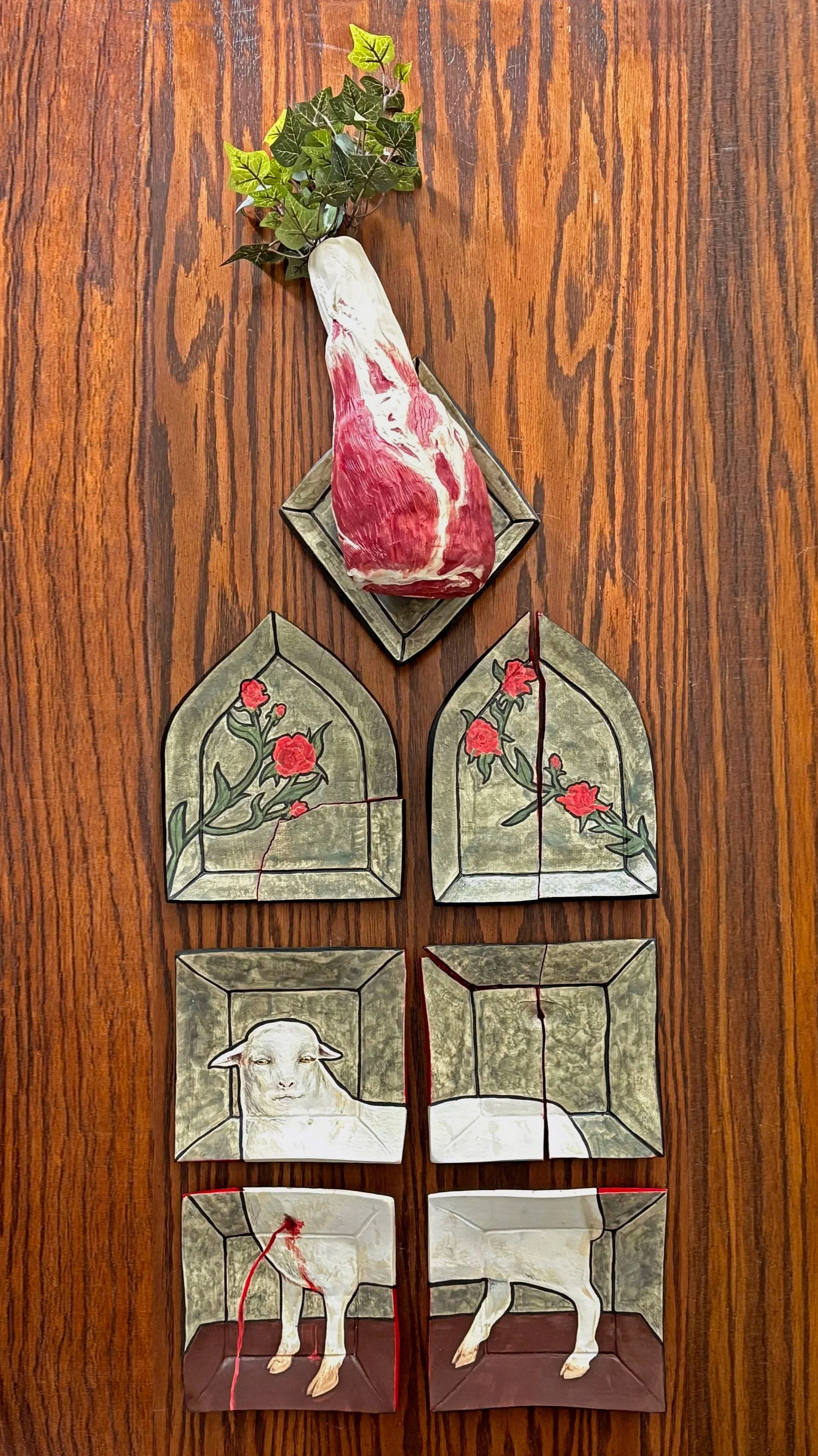 'Confession of the Lamb', underglaze, maolica overglaze. Cone 6 Oxidation. Wheel thrown and slab built table set, 2025.