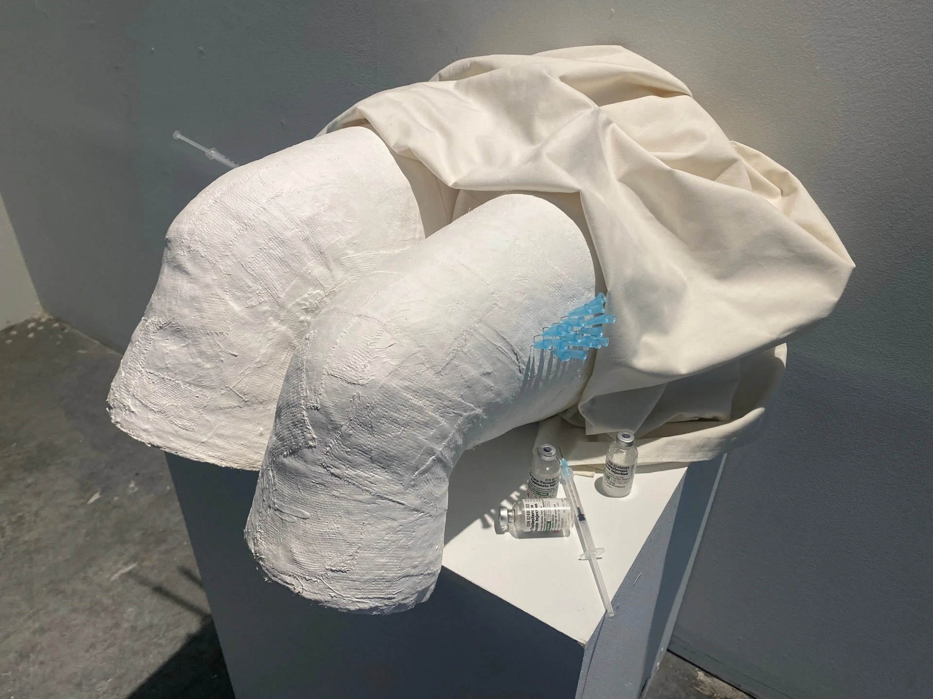 '172, Repeat'. Plaster bandages, foam paper, 1mL syringes and needles, fabric. 2024. 