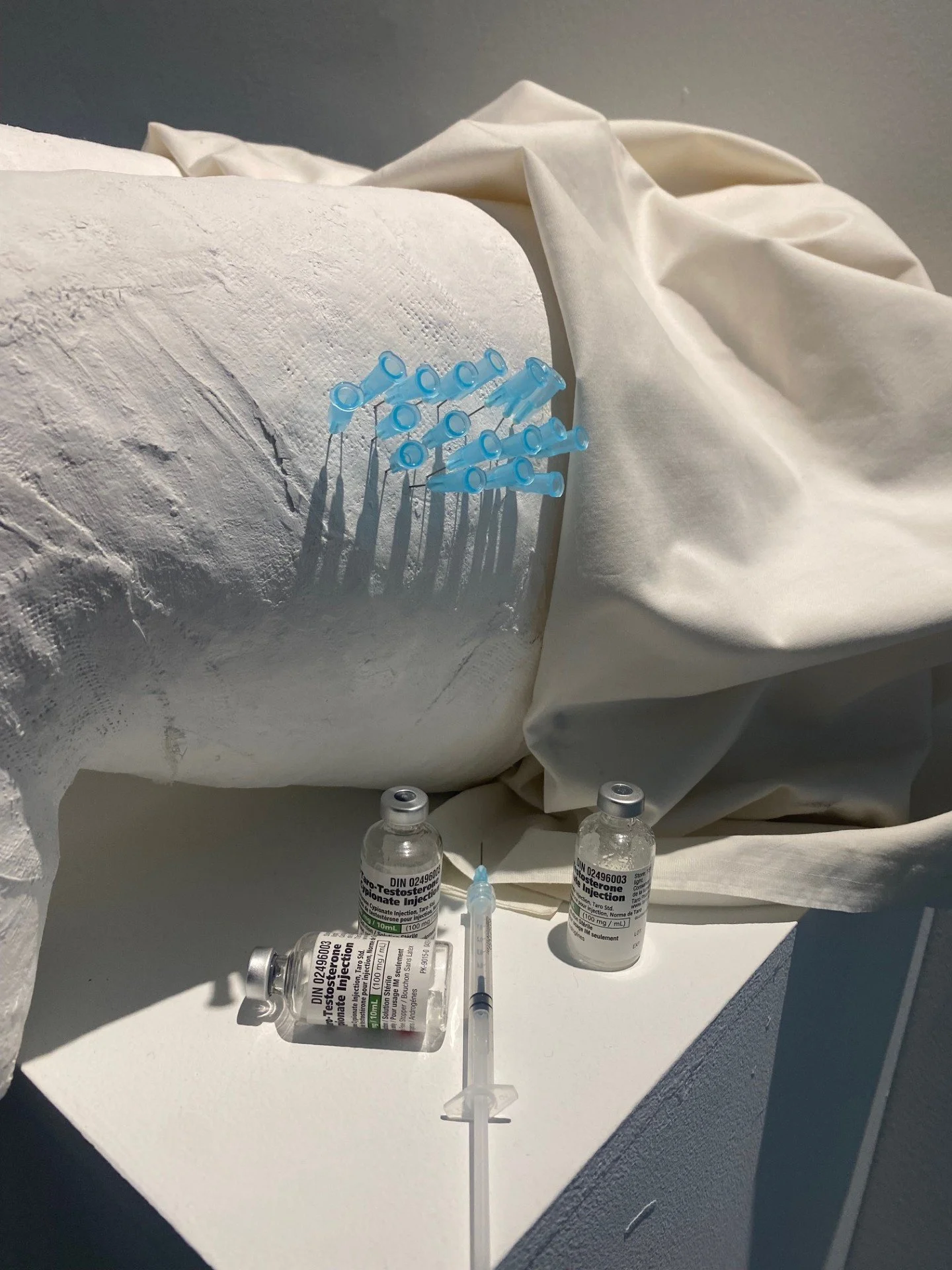 '172, Repeat'. Plaster bandages, foam paper, 1mL syringes and needles, fabric. 2024. 
