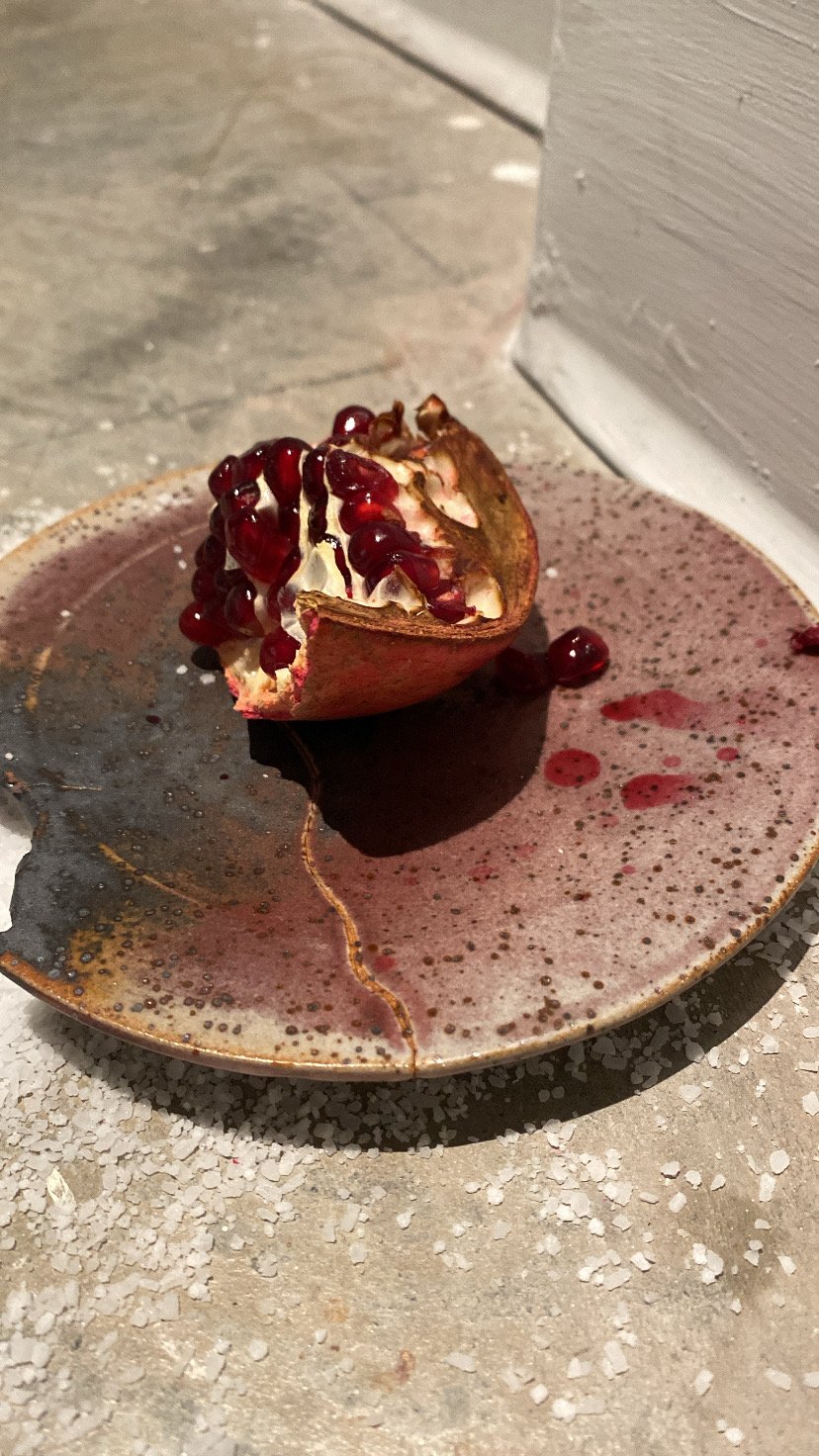 'WHAT CONSUMES YOU' Installation, cone 10 reduction. Wheel thrown and bitten. 2025.