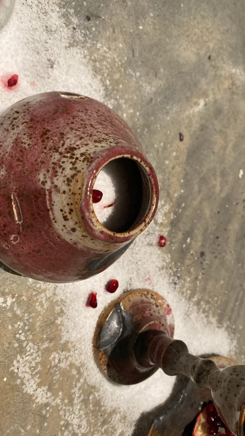 'WHAT CONSUMES YOU' Installation, cone 10 reduction. Wheel thrown and bitten. 2025.