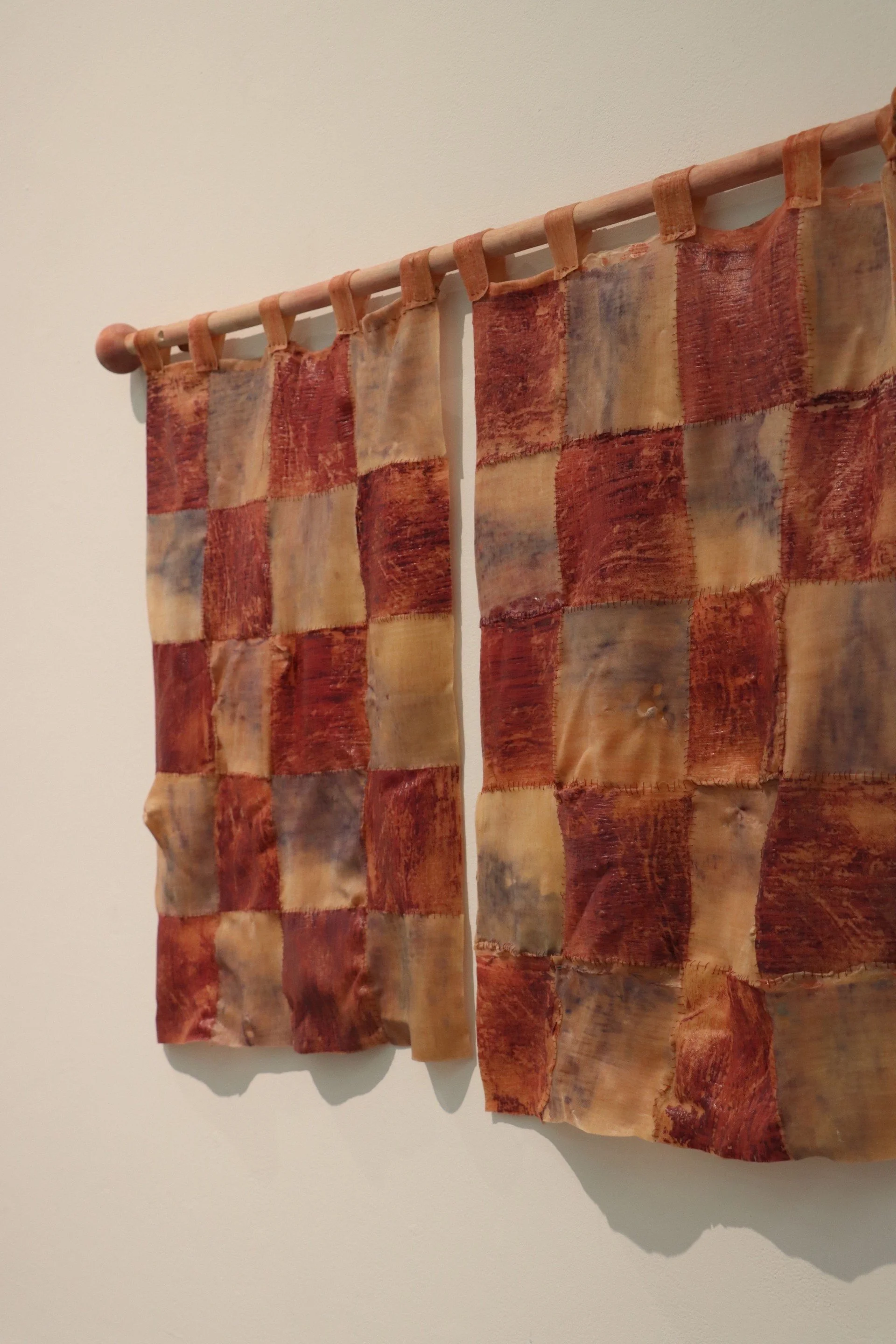 Pi Kuptasthien, "DERMIS PLAID: Curtain", latex, cotton balls, screen printing ink, 40 x 28". 