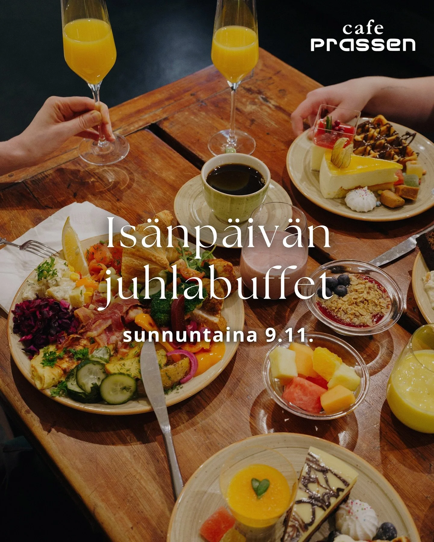 IS&Auml;NP&Auml;IV&Auml;N JUHLABUFFET sunnuntaina 9.11.🥂🍰☕️

Tervetuloa juhlistamaan is&auml;np&auml;iv&auml;&auml; Prassenille &ndash; runsas juhlabrunssimme katetaan klo 11, 13 ja 15. 

Leipi&auml;, riisipiirakoita, lohta, salaatteja, porsaannisk