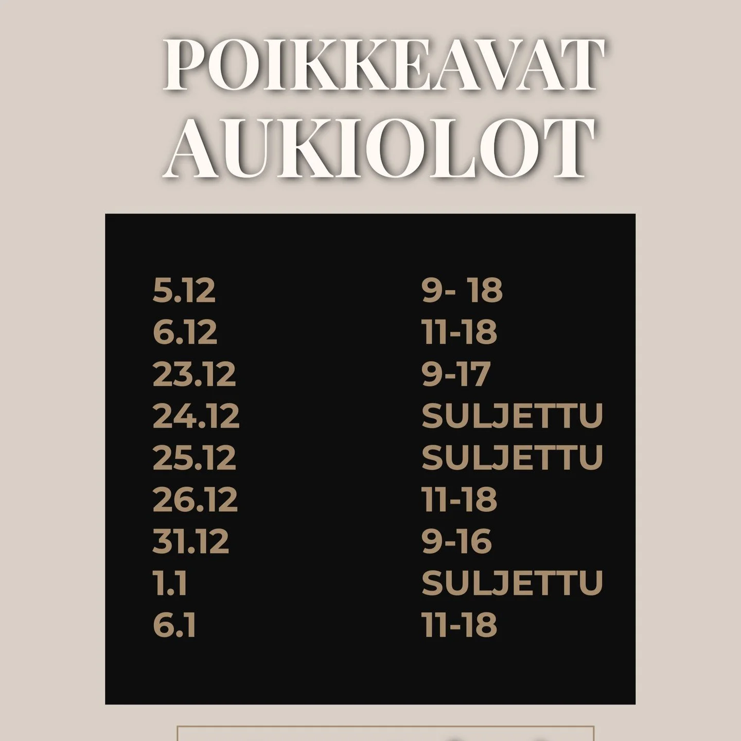 joulukuussa palvelemme my&ouml;s sunnuntaisin klo 11-18.
L&auml;mpim&auml;sti tervetuloa nauttimaan joulun tunnelmasta ja joulun suussasulavista herkuistamme! Meilt&auml; l&ouml;ytyy paljon my&ouml;s ihania k&auml;sity&ouml;n&auml; valmistettuja tuot