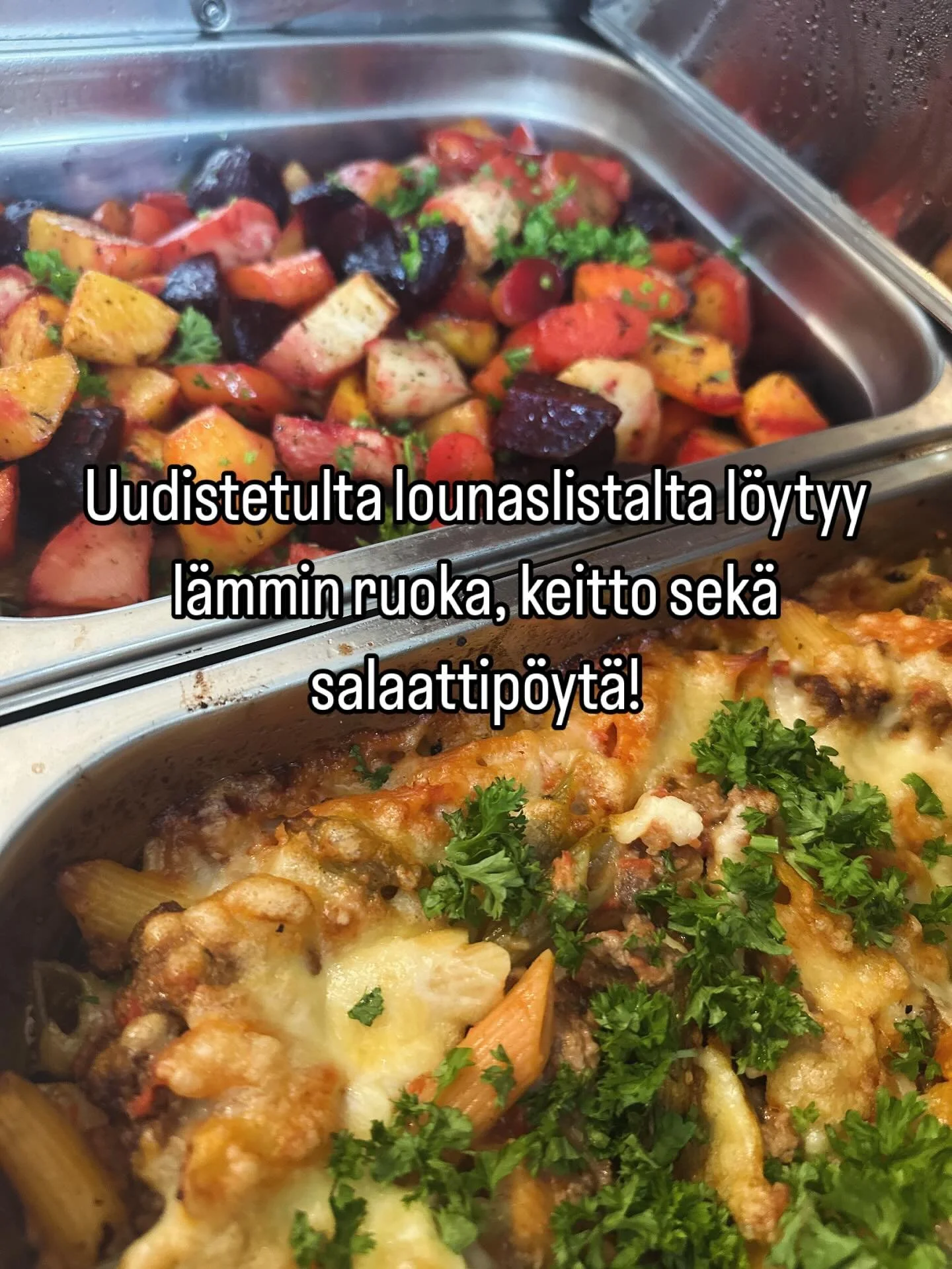 Tervetuloa testaamaan uudistettua lounas listaamme! Voit valita itselle mieluiten kokonaisuuden seuraavista vaihtoehdoista:

❤️Koko buffet sis&auml;lt&auml;en l&auml;mpim&auml;n ruoan, keiton ja salaattip&ouml;yd&auml;n 14,00&euro;

🩵Keitto + salaat