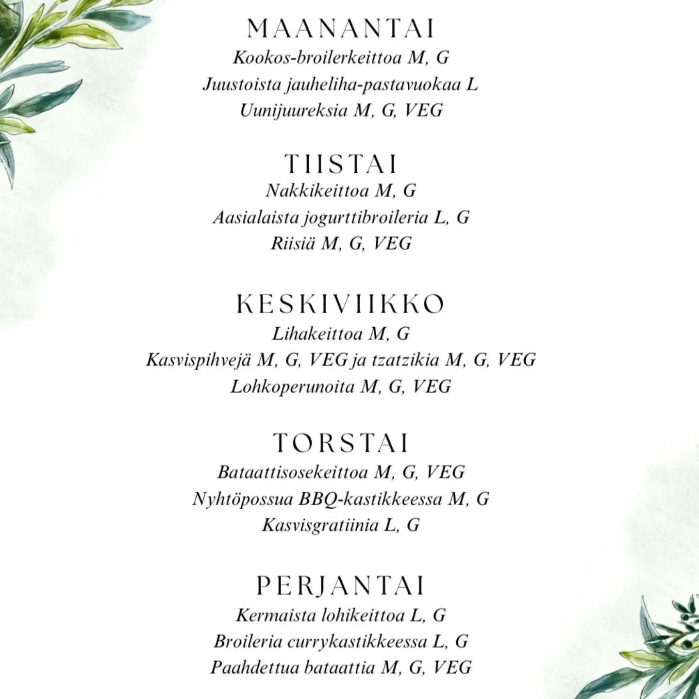 Viikon 16 lounaslista. Tervetuloa herkuttelemaan! 🍽️🍴🥗

Aina saatavilla my&ouml;s a la carte menusta mm. uuniperunoita, suolaisia vohveleita ja kermaista lohikeittoa. Saatavilla my&ouml;s salaatti buffet valitsemallaan proteiinilla. 💚

#lounasrau