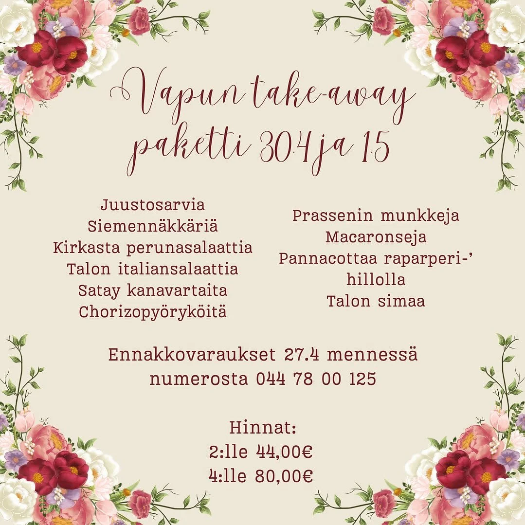 Onko suunnitteilla Vappu piknik tai rentouttava vapaa p&auml;iv&auml; kotona? Meilt&auml; saa valmiin herkkukorin mukaan ihanilla Vappu sy&ouml;misill&auml;! Varaa omasi joko aatolle 30.4. tai Vappu p&auml;iv&auml;lle 1.5.! 🌸🌼🎈

Varaukset kahvilal
