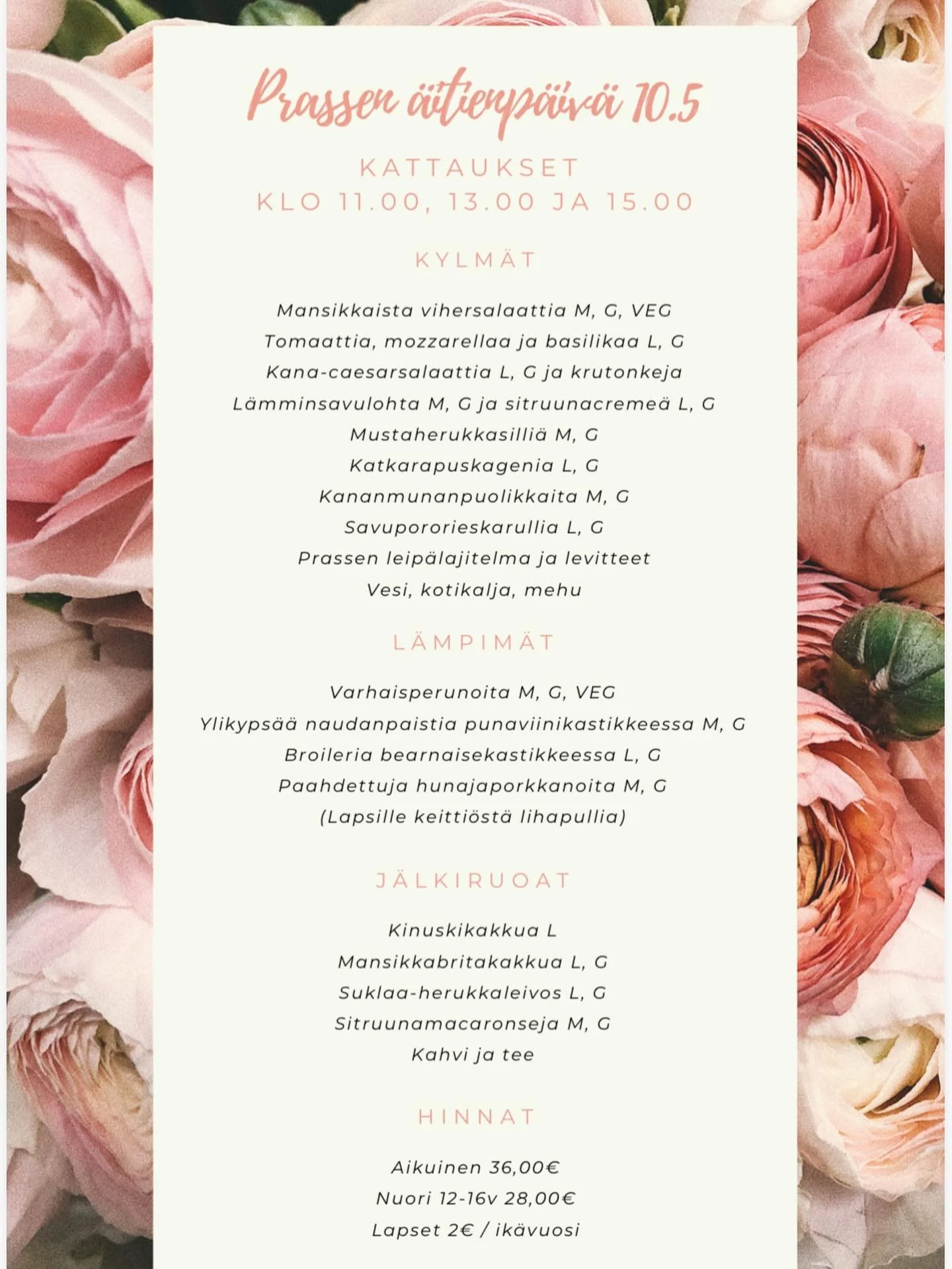 &Auml;itienp&auml;iv&auml;n Brunssi! 🌸
P&ouml;yt&auml;varaukset voit tehd&auml; haluammallasi tavalla:
🌸 samalla kuin k&auml;yt kahvilassamme
🌸 soitattamalla p. 044 7800 125
🌸 s&auml;hk&ouml;postilla kahvila@prassen.fi 
🌸 tai verkkokaupan kautta