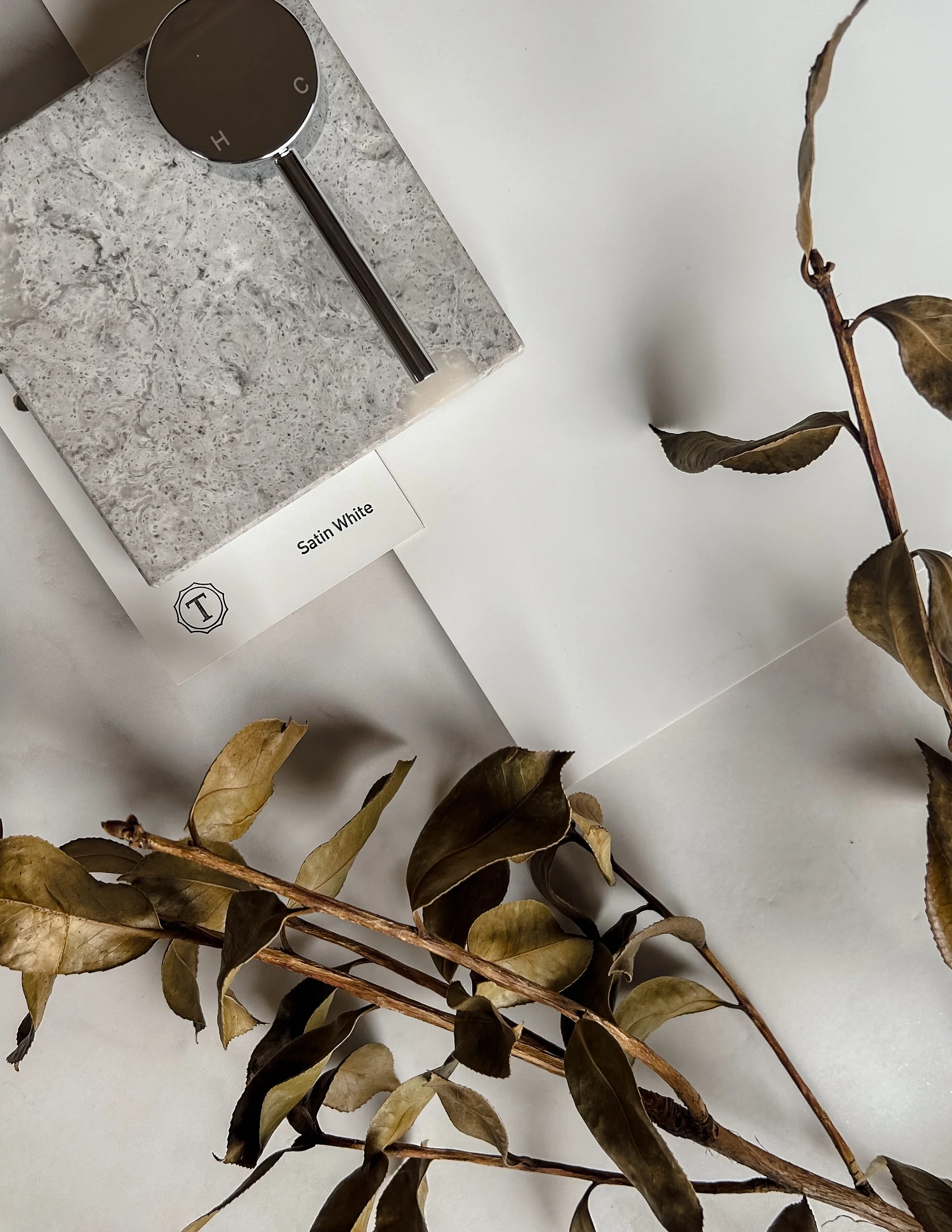A color sample card labeled 'Satin White' next to a gray marble surface with a metal handle, and dried brown leaves on a white background.