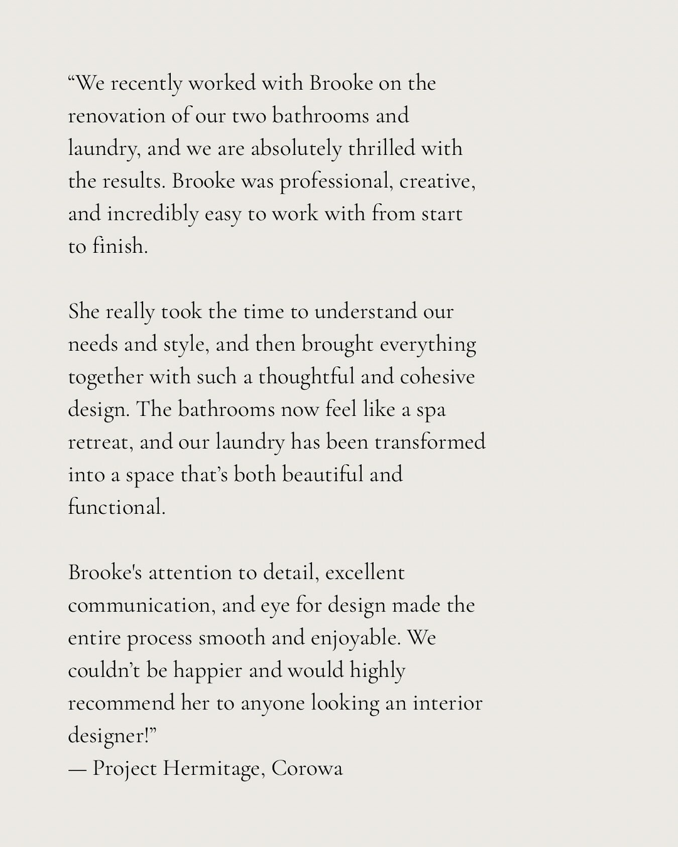 Kind words from my lovely Project Hermitage clients 🤍

This renovation involved two bathrooms and a laundry&mdash;all thoughtfully designed to feel like a retreat from the everyday. From the initial briefing to the finishing touches, it was such a j