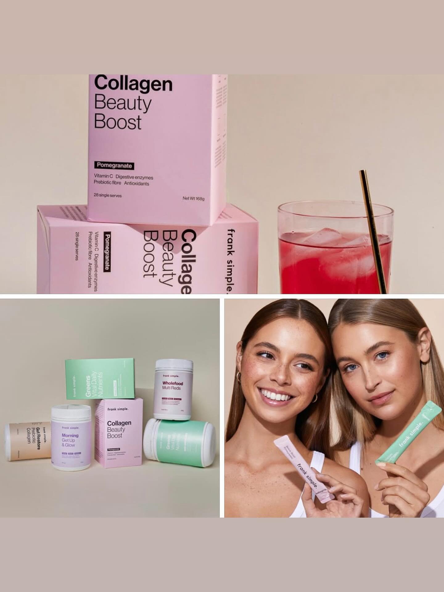 Say hello to Frank Simple! 
Products are made from purely functional ingredients for gut health, glowing skin, vital nutrient support and wellbeing. All products taste delicious too, even the Greens! 
Made in Australia. 
Wellness, made Simple.

Avail