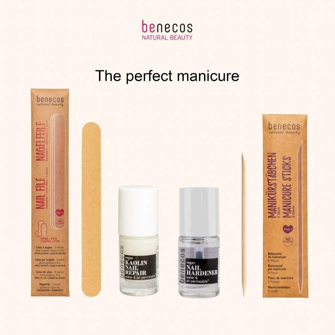 Benecos Kaolin Nail Repair for smooth - no grooves, Nail Hardener, Nail Files and Manicure Sticks. 
Benecos has everything you need for your perfect DIY home mani or pedi. 💅 Plant-based Nail Polish RRP $8.95 5ml in 20 colours and 1 Top Coat crystal.