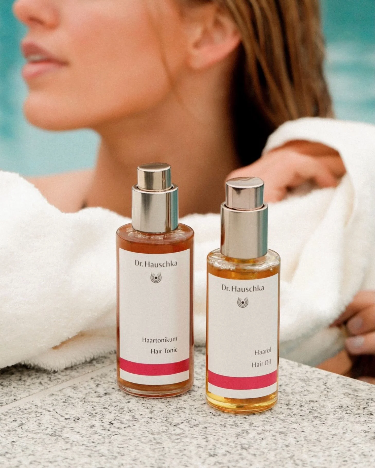 Sun-stressed hair? 
Say hello to Hair Tonic and Hair Oil. Hair Tonic is a leave-in non-oily treatment product you mist onto your scalp. Gives volume and strength for all hair types because a healthy scalp = healthy hair. Dr. Hauschka silicone-free Ha