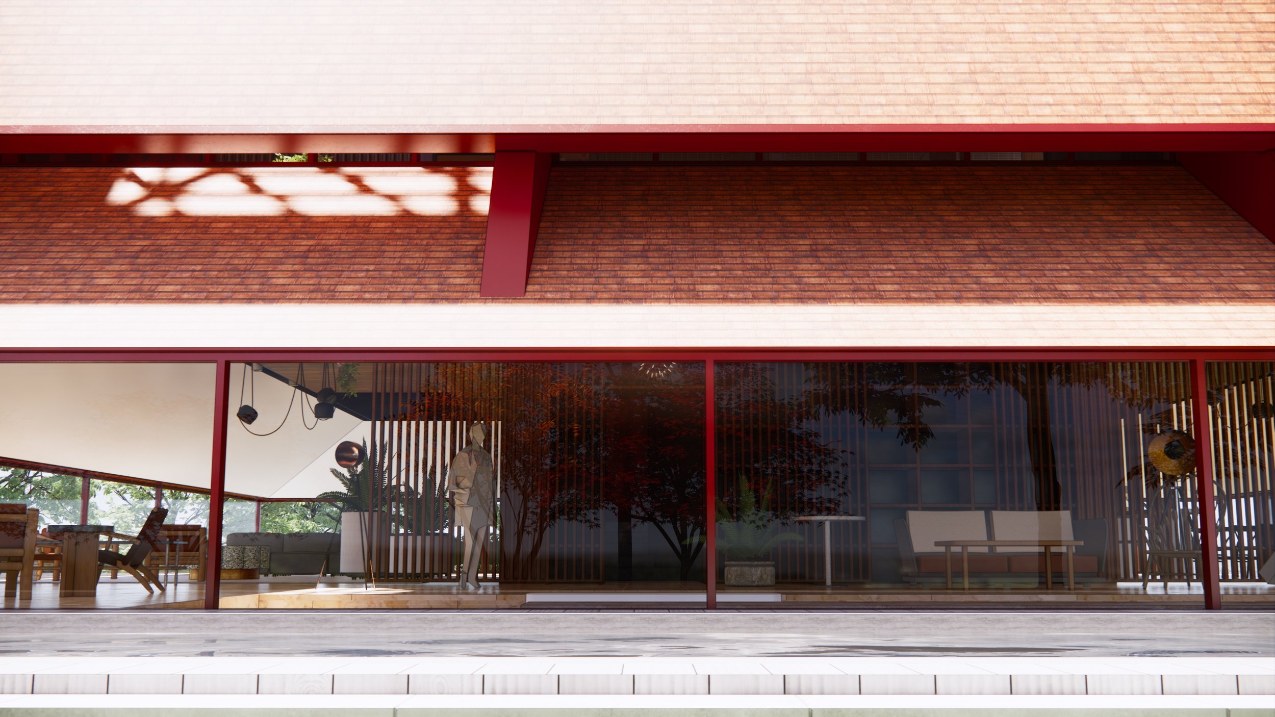Upper level bedrooms have discreet views through a double layered roof form.