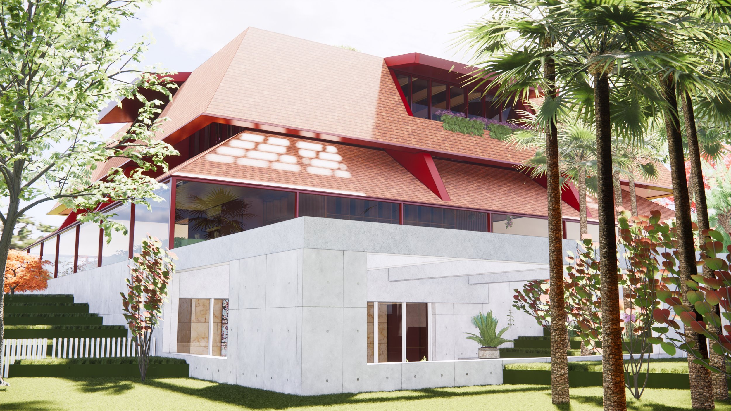 The sloping terrain offers an opportunity to create a lower informal courtyard garden for the children.