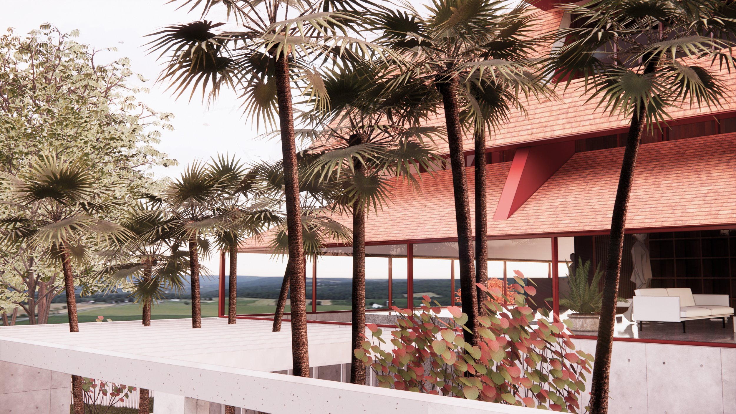 The structural arrangement allows the roof form to float above the ground, which creates a highly transparent ground level.