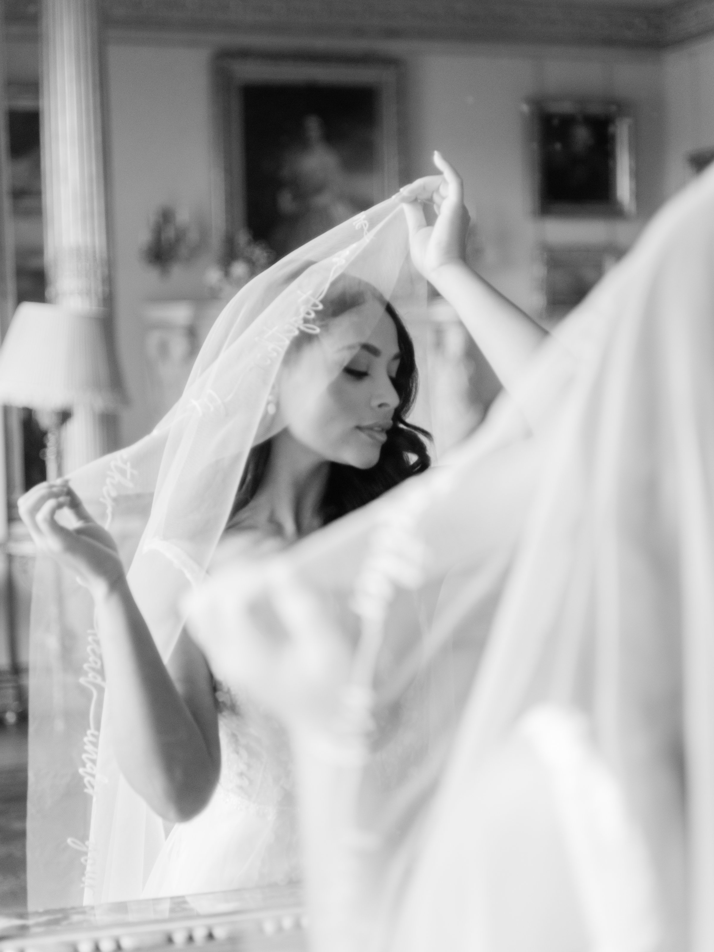 Bride holding up veil at Somerley House