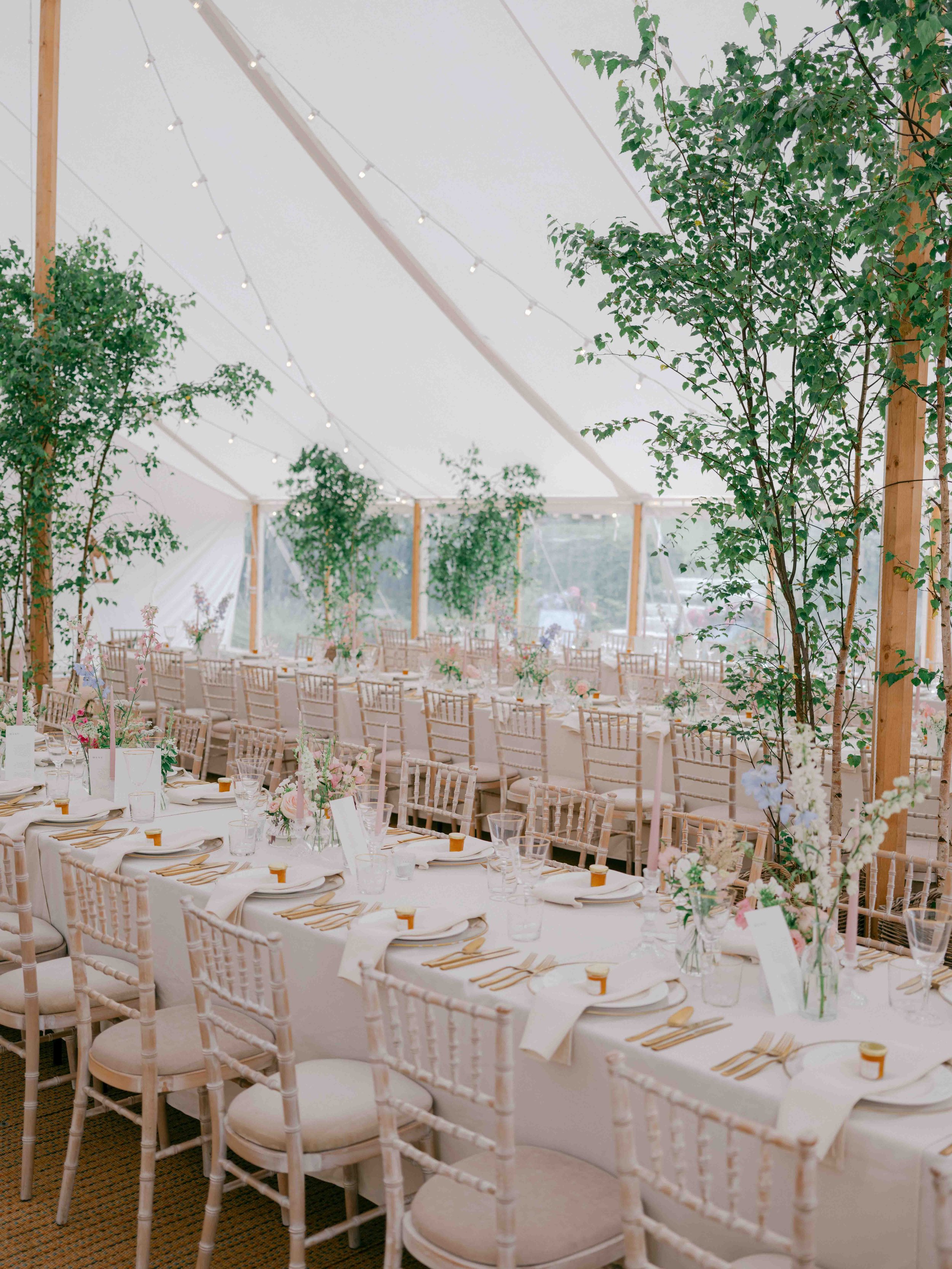  wedding table set up in marquee at Came House Wedding 