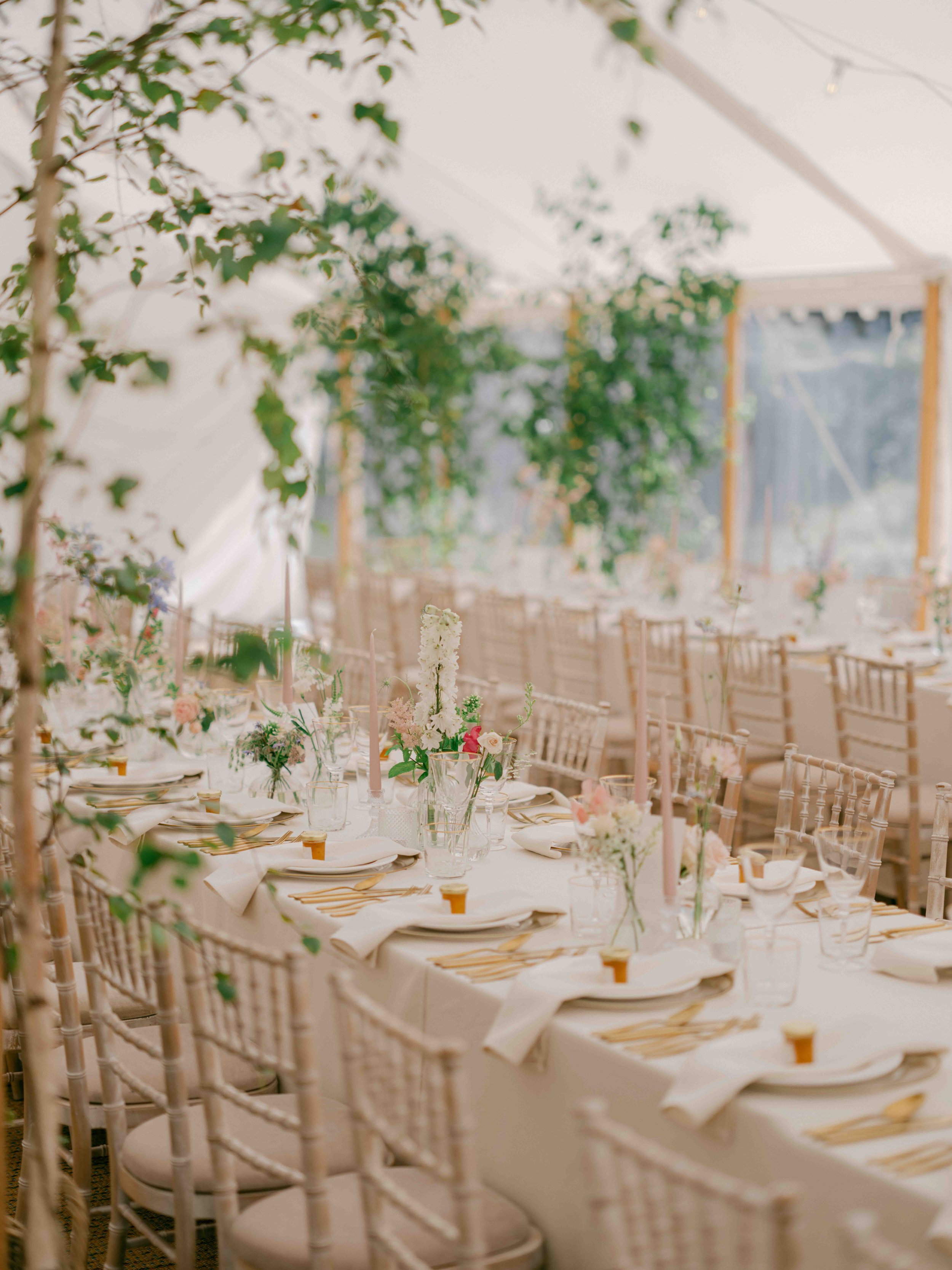  wedding table set up in marquee at Came House Wedding 