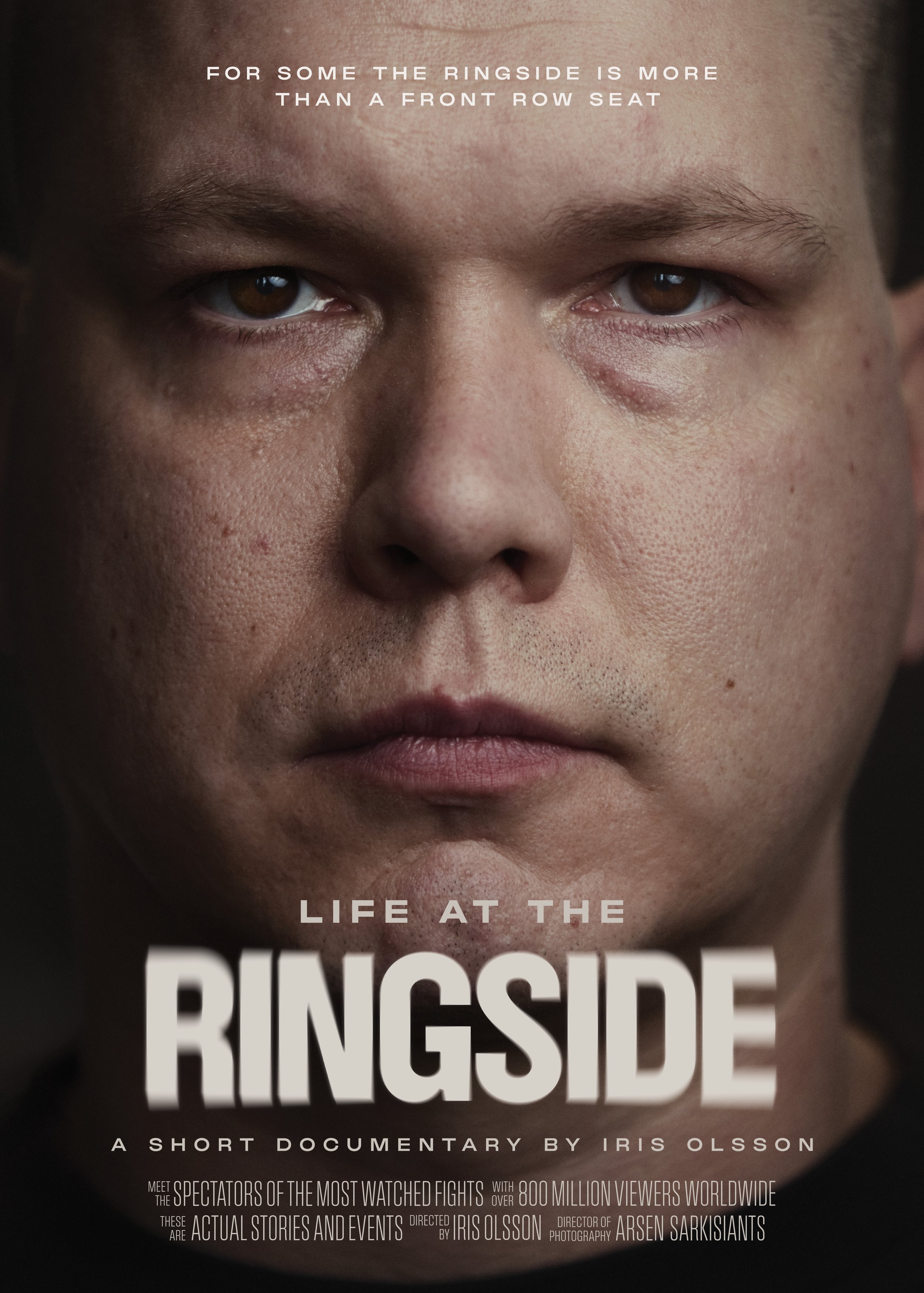 Close-up of a young man's face with text overlay about a documentary titled 'Life at the Ringside' by Iris Olsson.