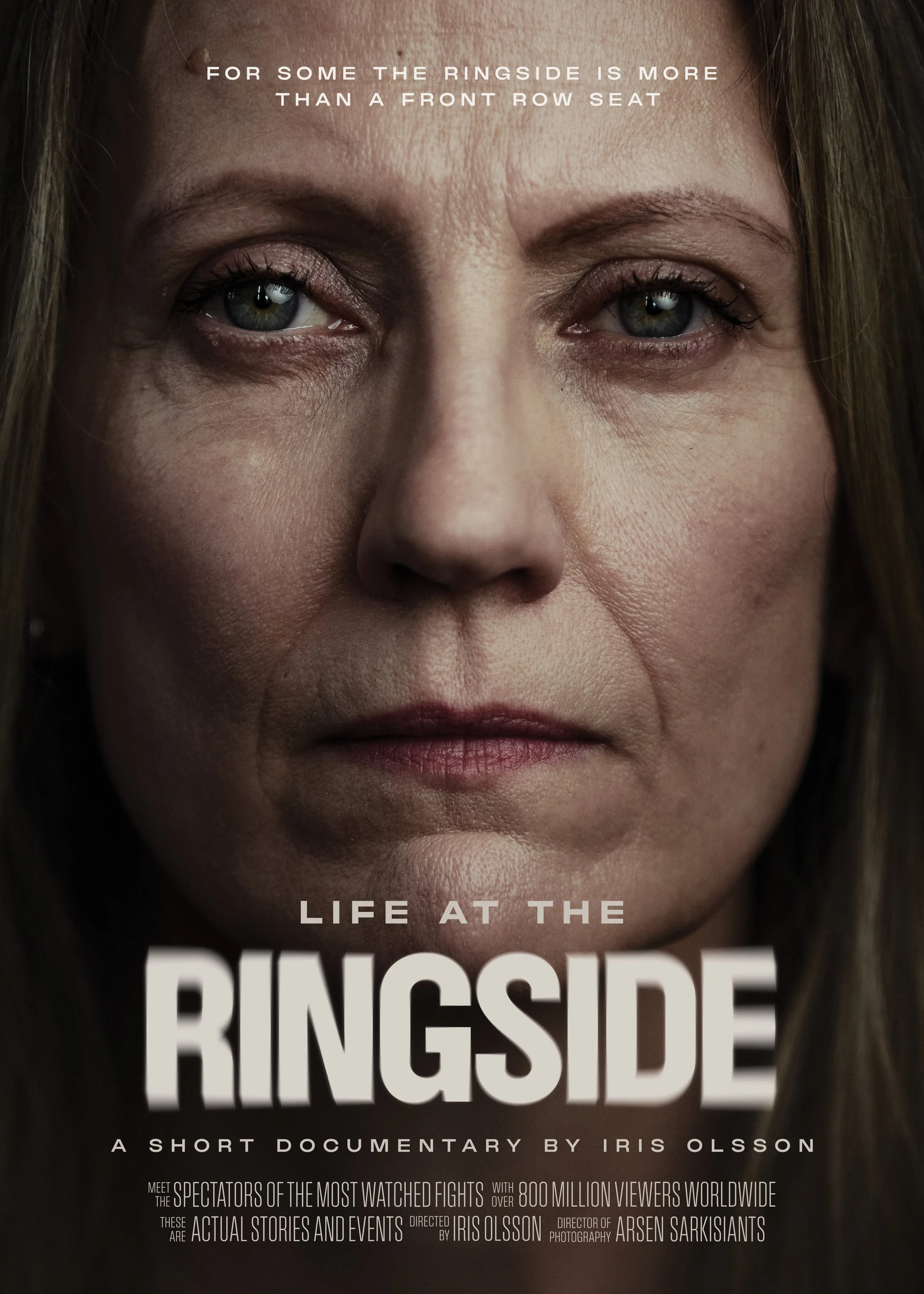 Close-up of a woman's face with intense expression, with text overlay promoting a short documentary titled 'Life at the Ringside' by Iris Olsson.