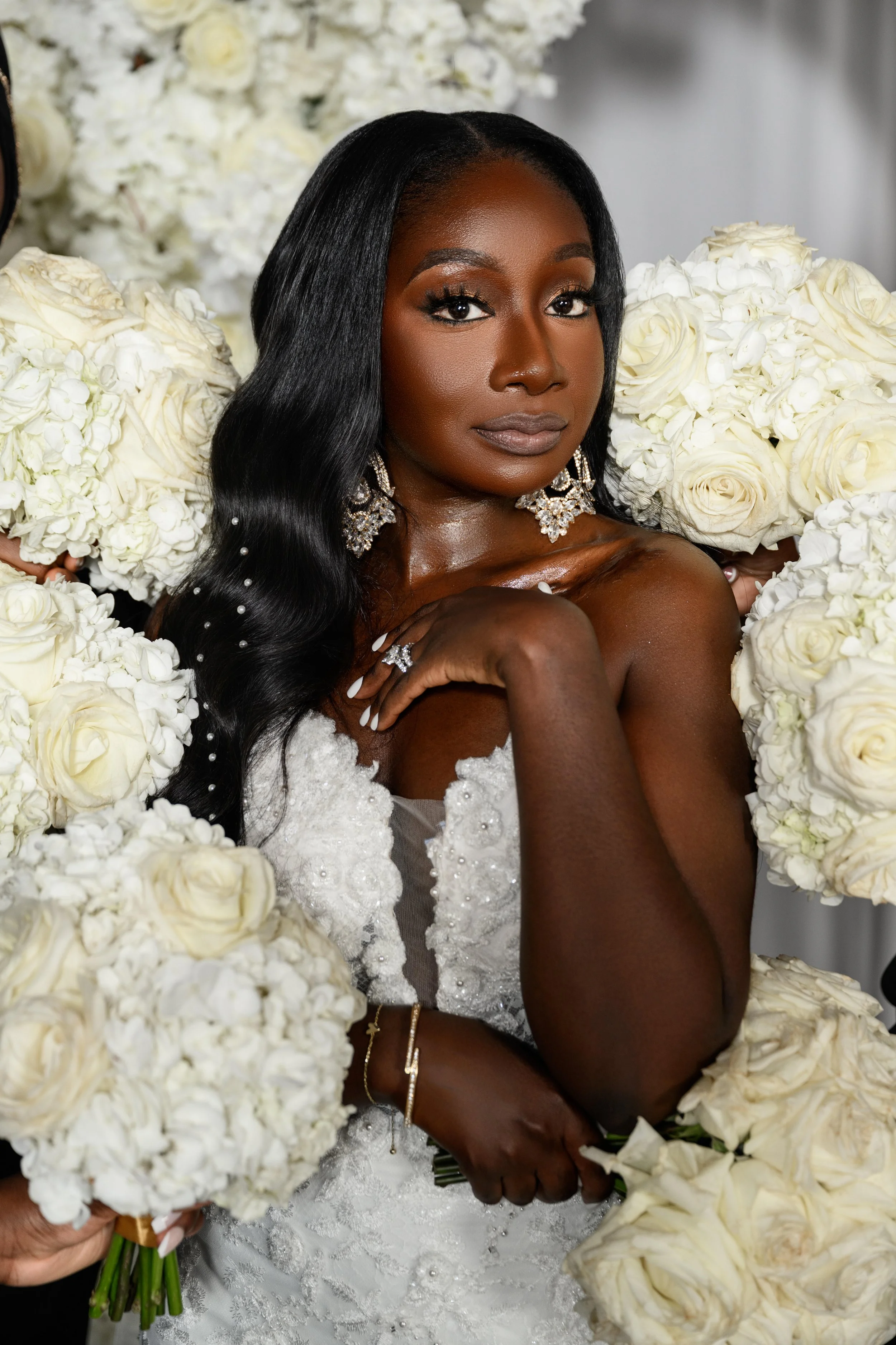 Bridal portrait of Jalisa with white florals at The West Venue in Atlanta