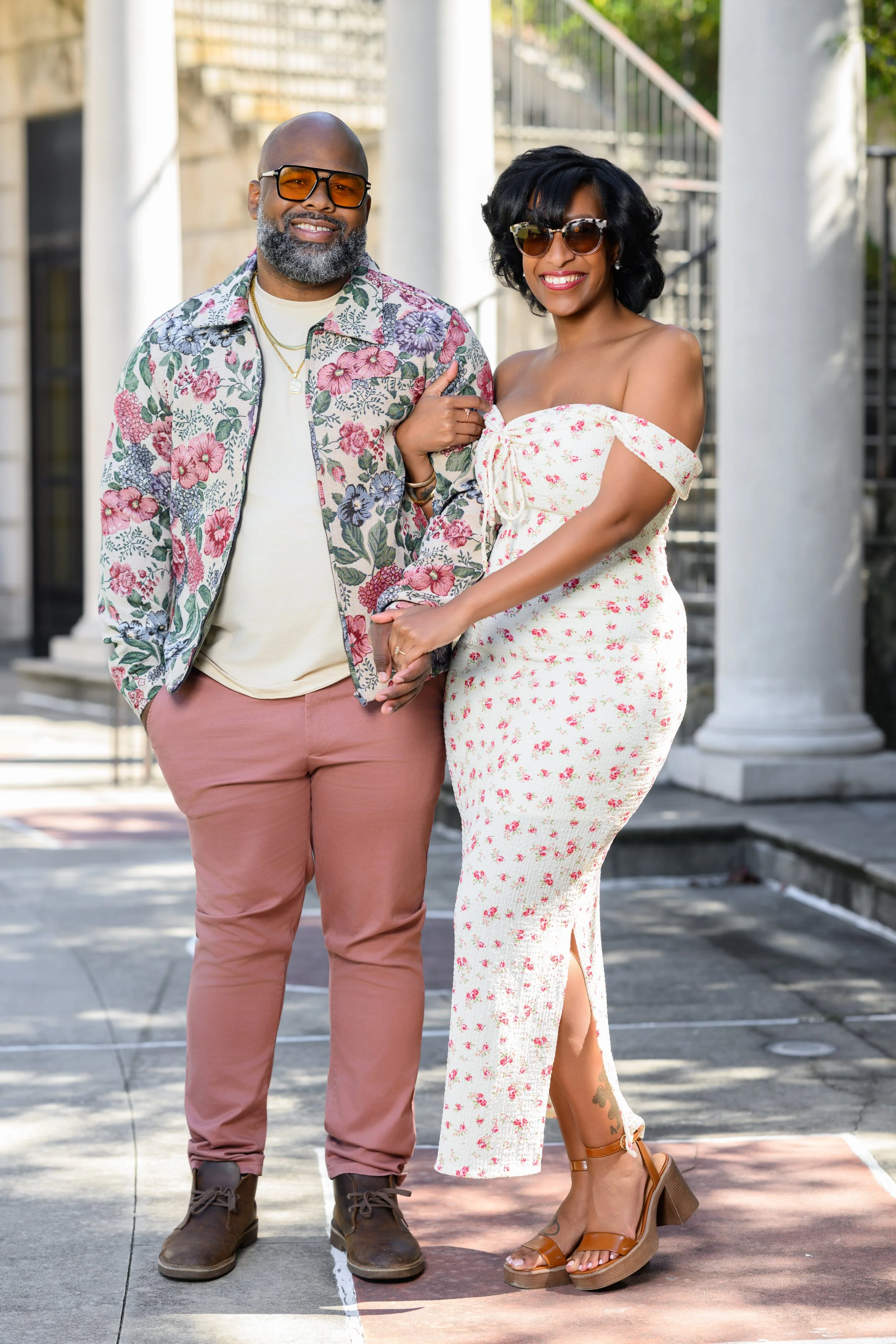 Jessica and Steven posing together during their engagement session at Millennium Gate Museum in Atlanta.