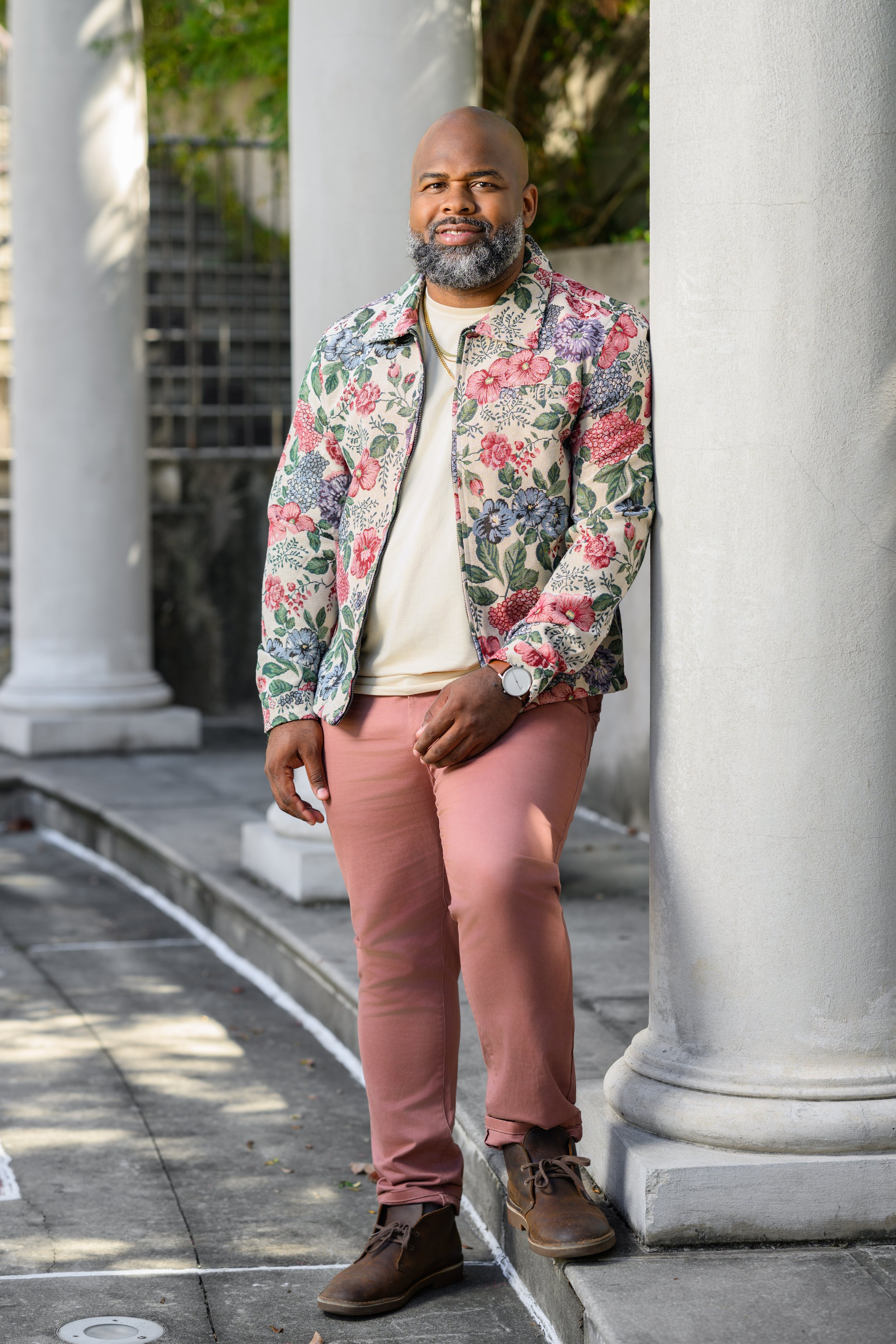 Groom-to-be posing for a portrait during an engagement session at Millennium Gate Museum in Atlanta.