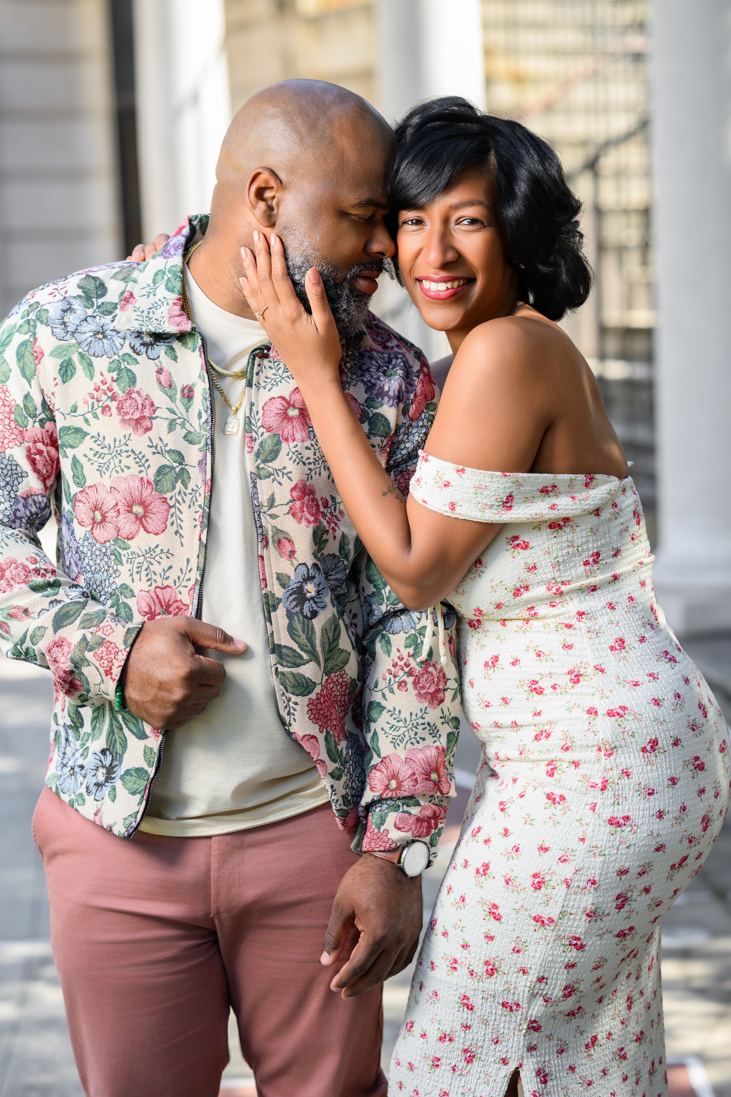 Close portrait of an engaged couple sharing a quiet moment at Millennium Gate Museum in Atlanta.