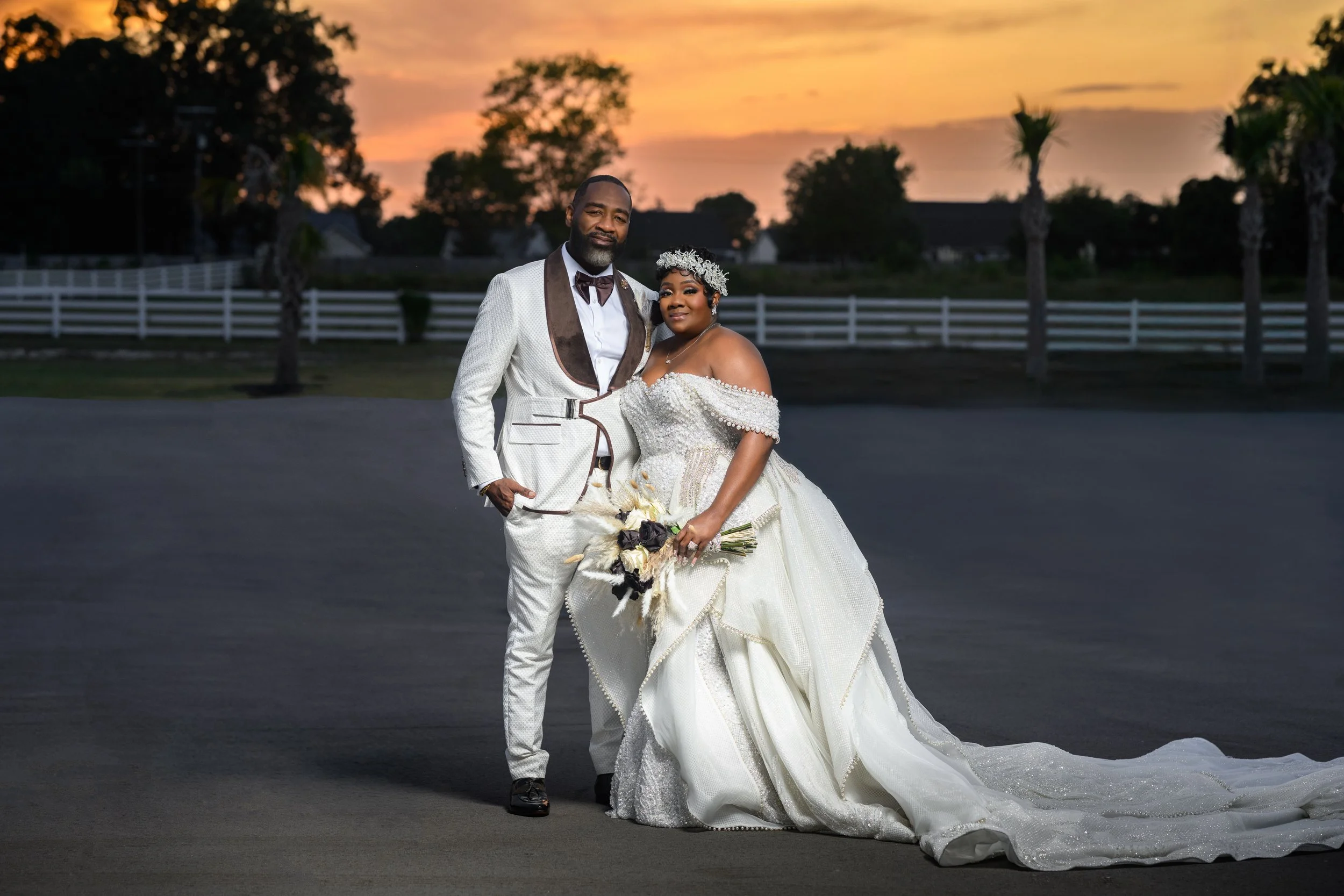 Bride and groom posing together at sunset during their wedding at Shahbain Events Center in North Carolina.
