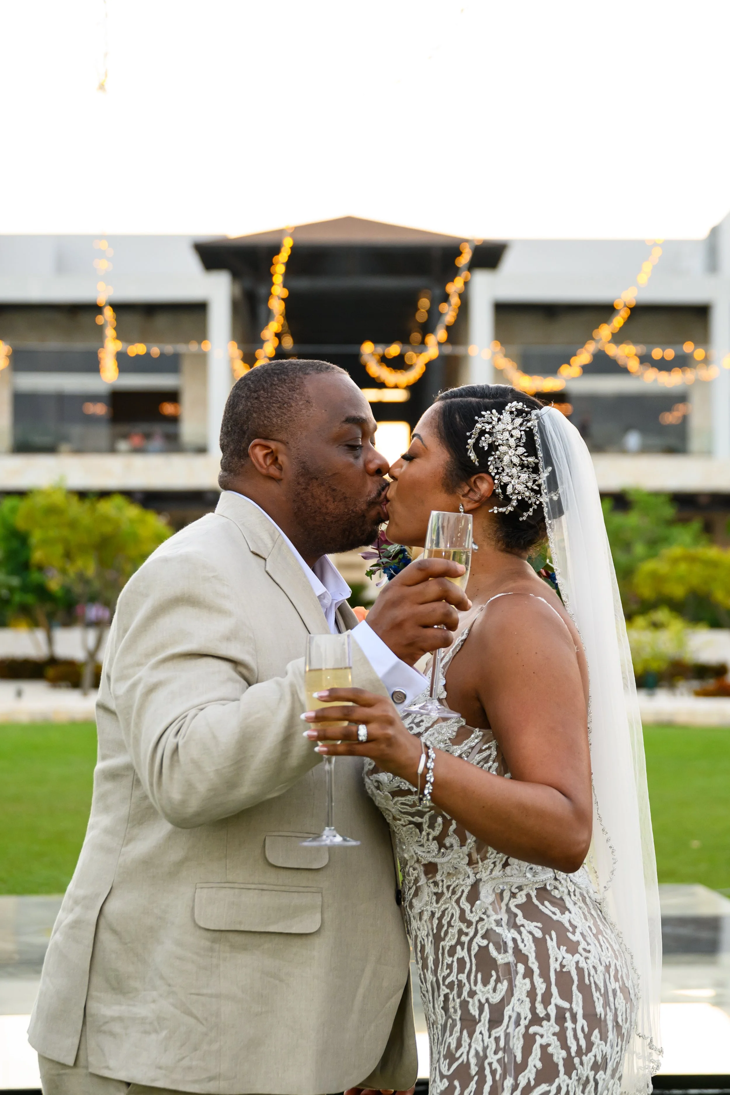Tekla and Rick sharing a close portrait after their destination wedding ceremony in Cancun.