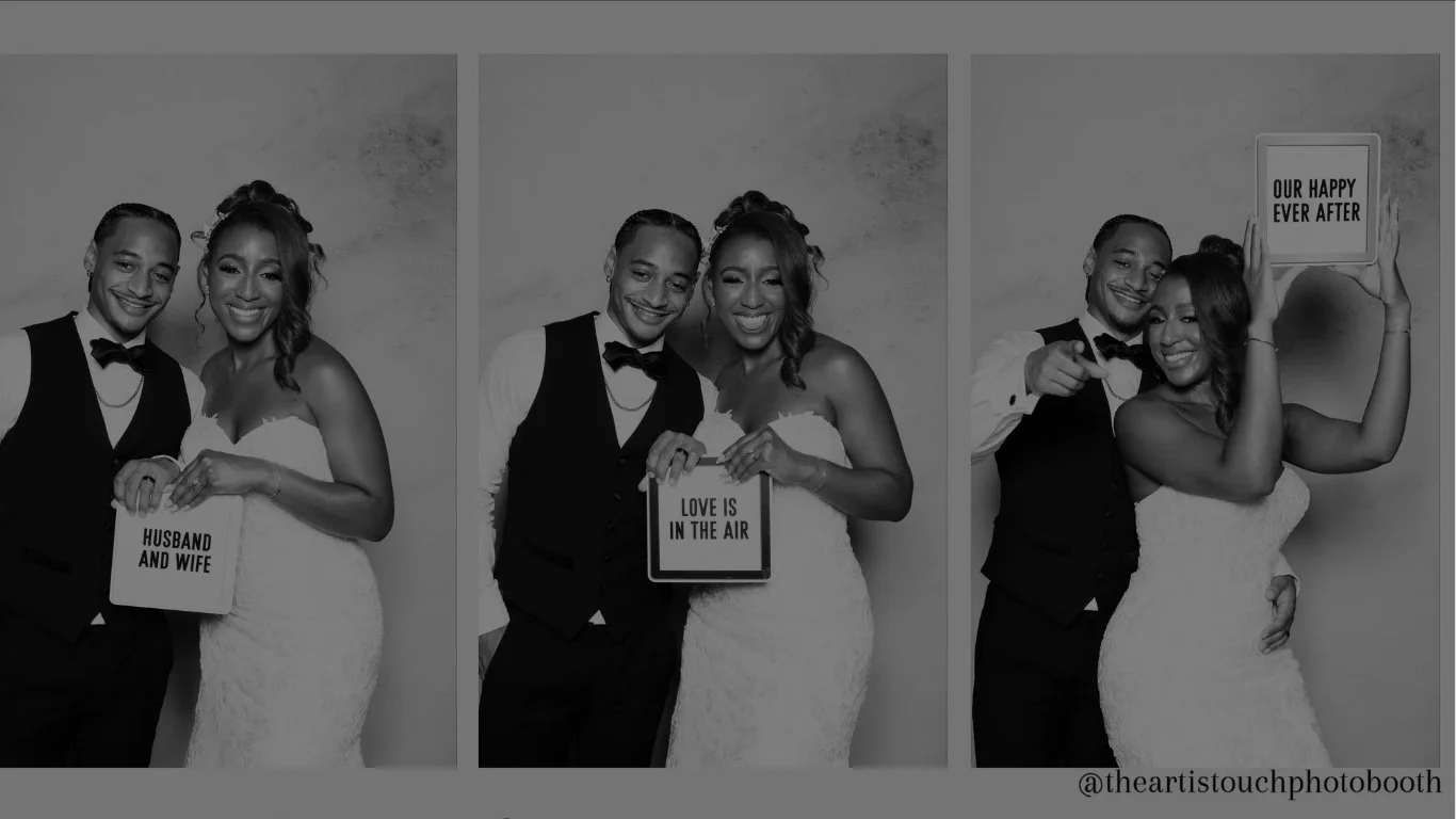 Bride and groom enjoying a glam black and white wedding photo booth experience by The Artis Touch Photo Booth in Atlanta, Georgia.