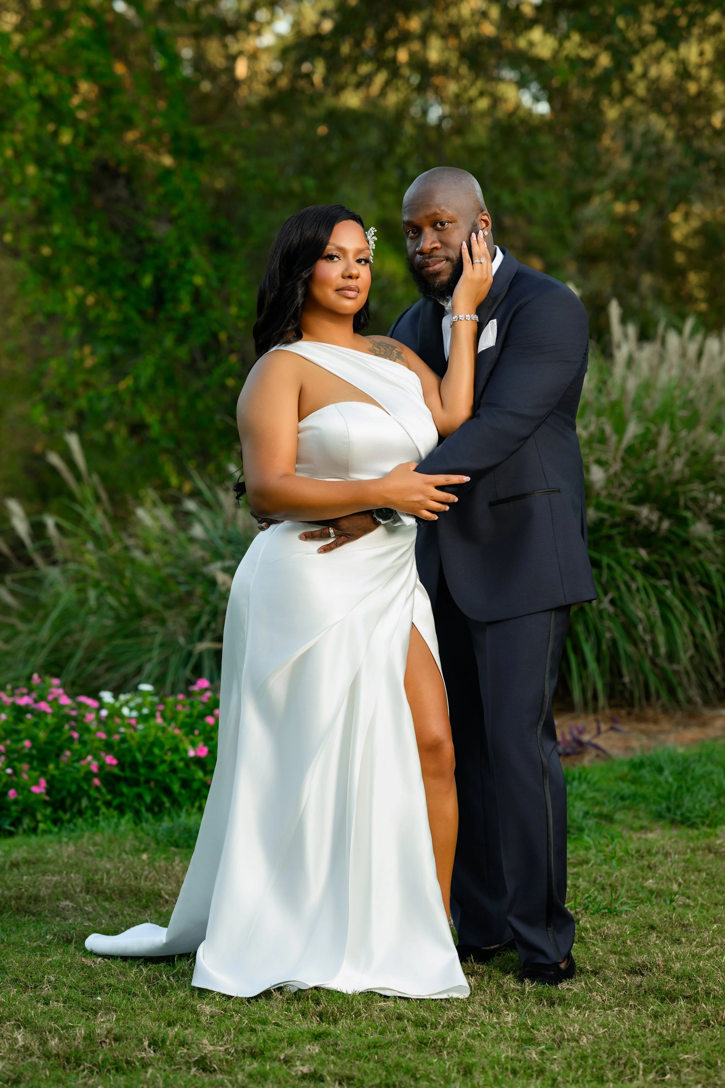 Romantic portrait of Ashley and Jason embracing during their intimate October wedding at Canoe Restaurant in Atlanta.