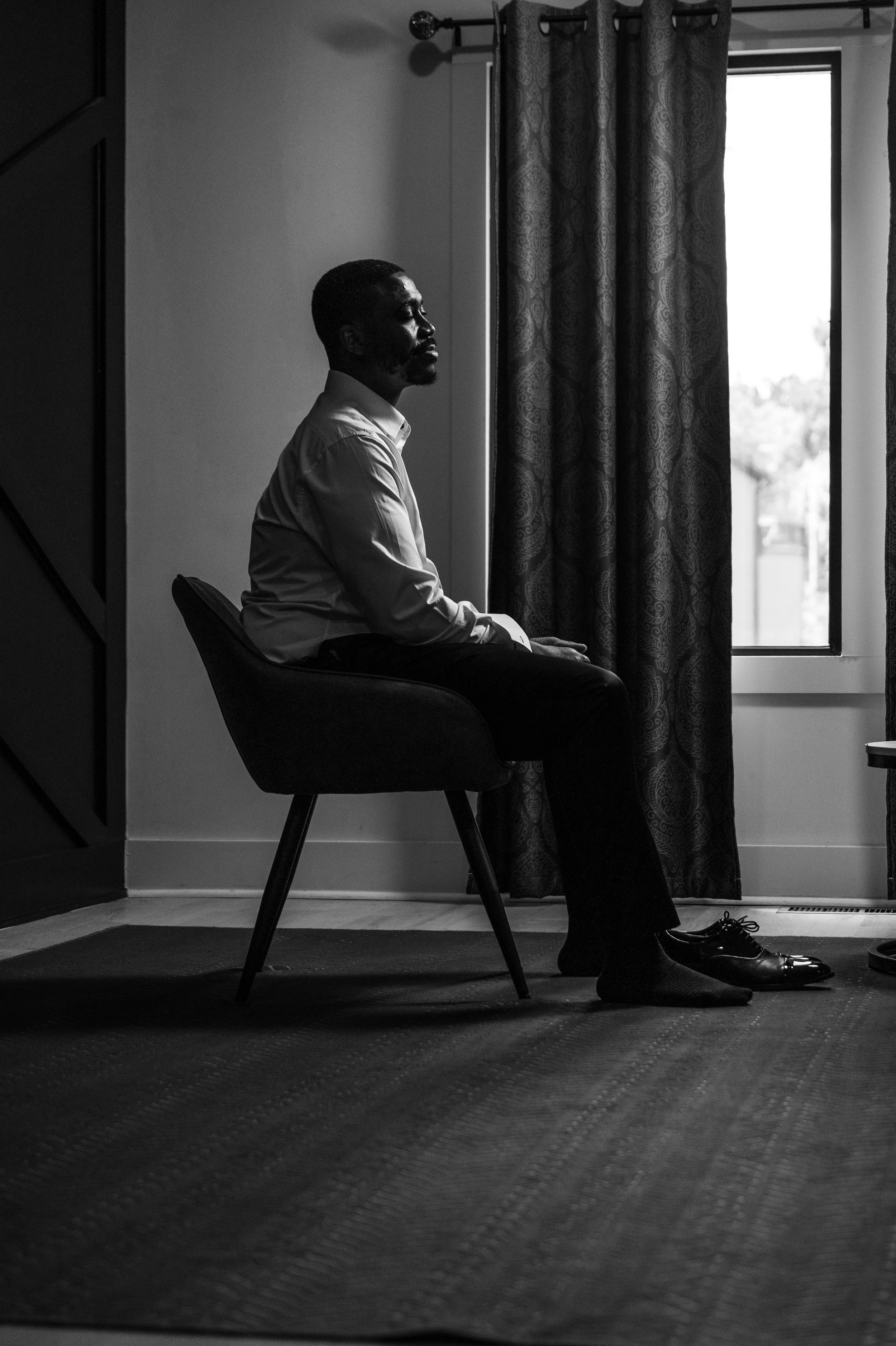 Black and white portrait of Sadiq on his wedding day