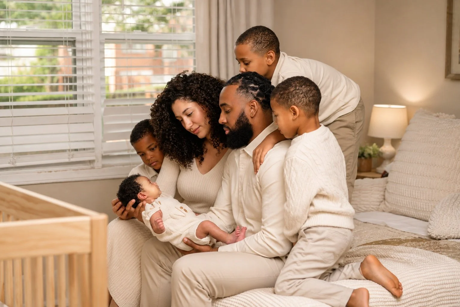 Family gathers around their newborn during a relaxed in-home lifestyle newborn photography session in Atlanta.
