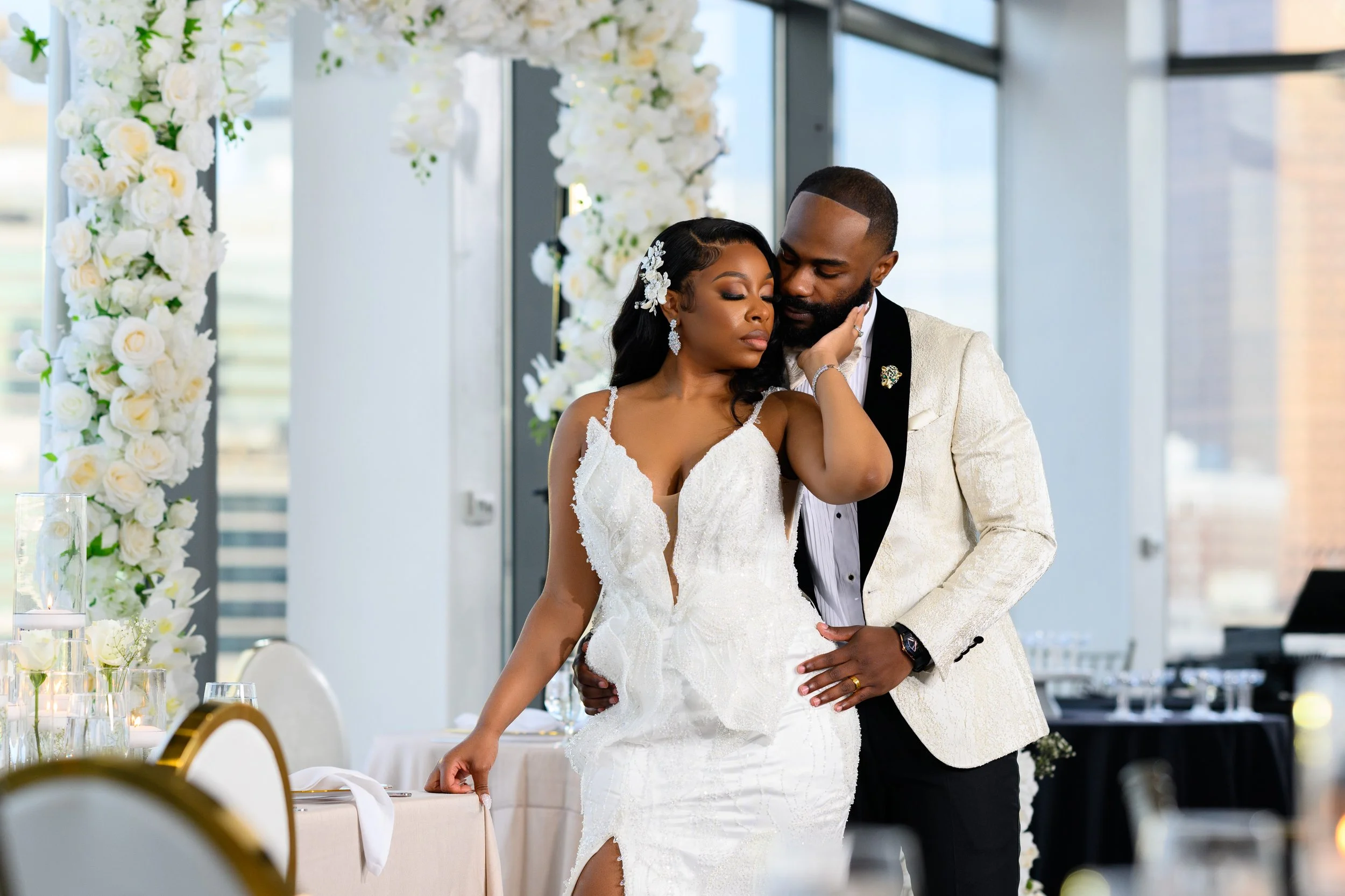 Shareze and Jacorey sharing an intimate moment inside their wedding reception at Ventanas in Atlanta.