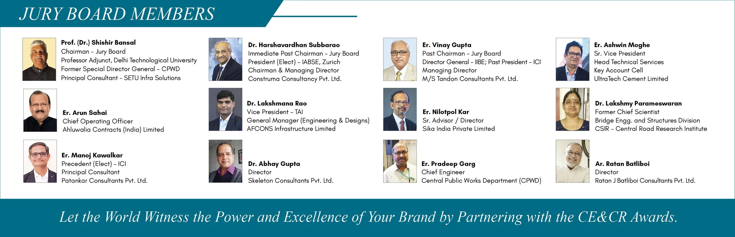 Jury board members list with photos and titles, including Professor Shishir Bansal, Dr. Harshavardhan Subbarao, Er. Vinay Gupta, Er. Ashwin Moghe, Er. Arun Sahgi, Dr. Lakshmana Rao, Er. Nilotpal Kar, Dr. Lakshmy Parameswaran, Dr. Abhay Gupta, Er. Pradeep Garg, and Ar. Ratan Batliboi.