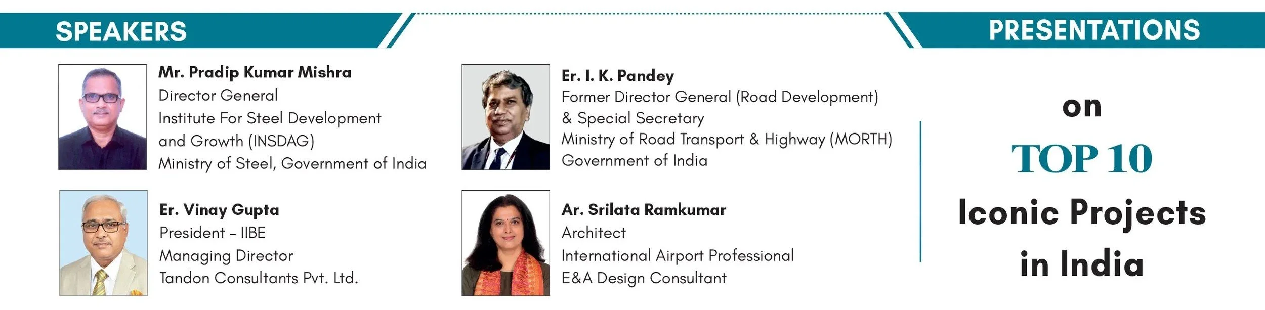 Event poster listing the top 10 iconic projects in India with speakers and presenters including Mr. Pradip Kumar Mishra, Er. I. K. Pandey, Er. Vinay Gupta, and Ar. Srilata Ramkumar.