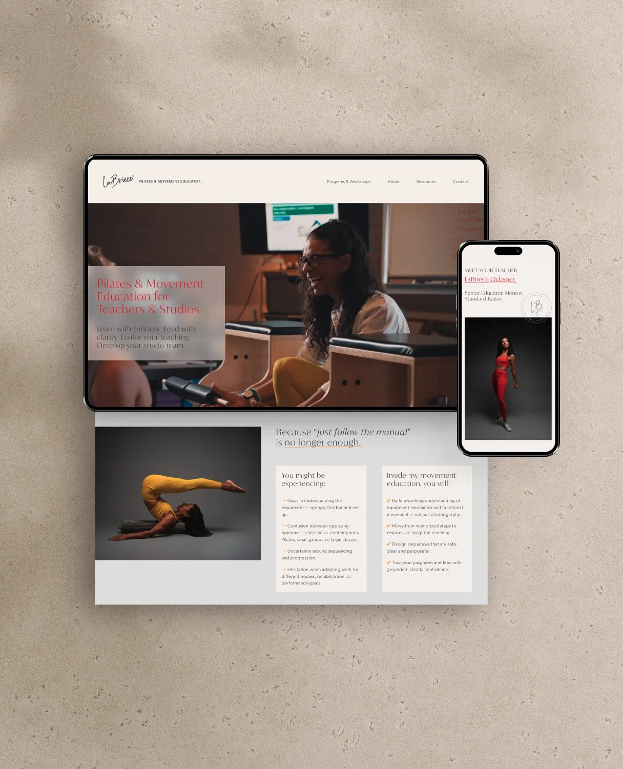 LaBriece Oschner Squarespace website design shown on desktop and mobile, featuring Pilates and movement education programmes for teachers and studios