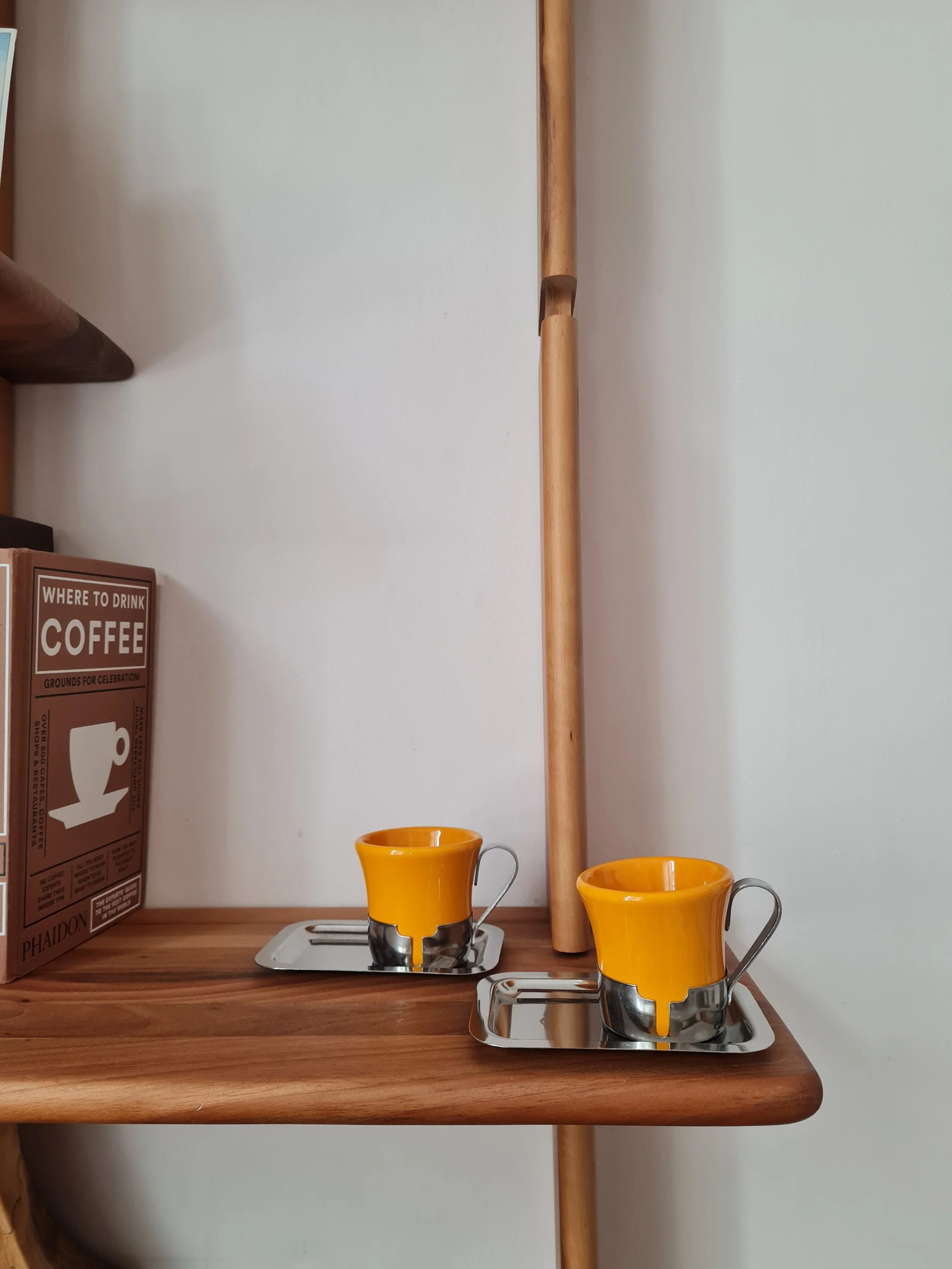 Vintage Italian Stainless Steel Yellow Ceramic Espresso Cup Set