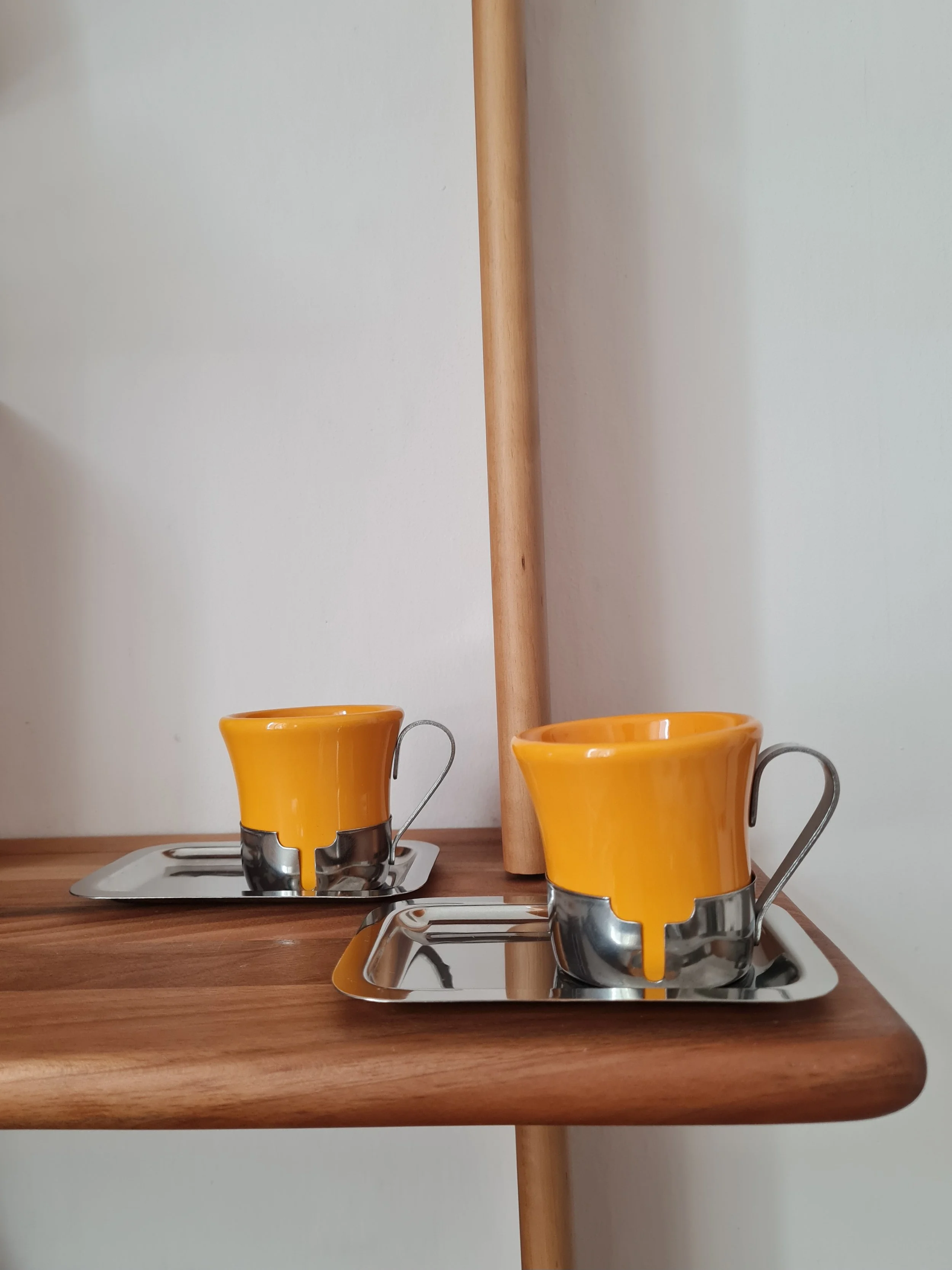 Vintage Italian Stainless Steel Yellow Ceramic Espresso Cup Set
