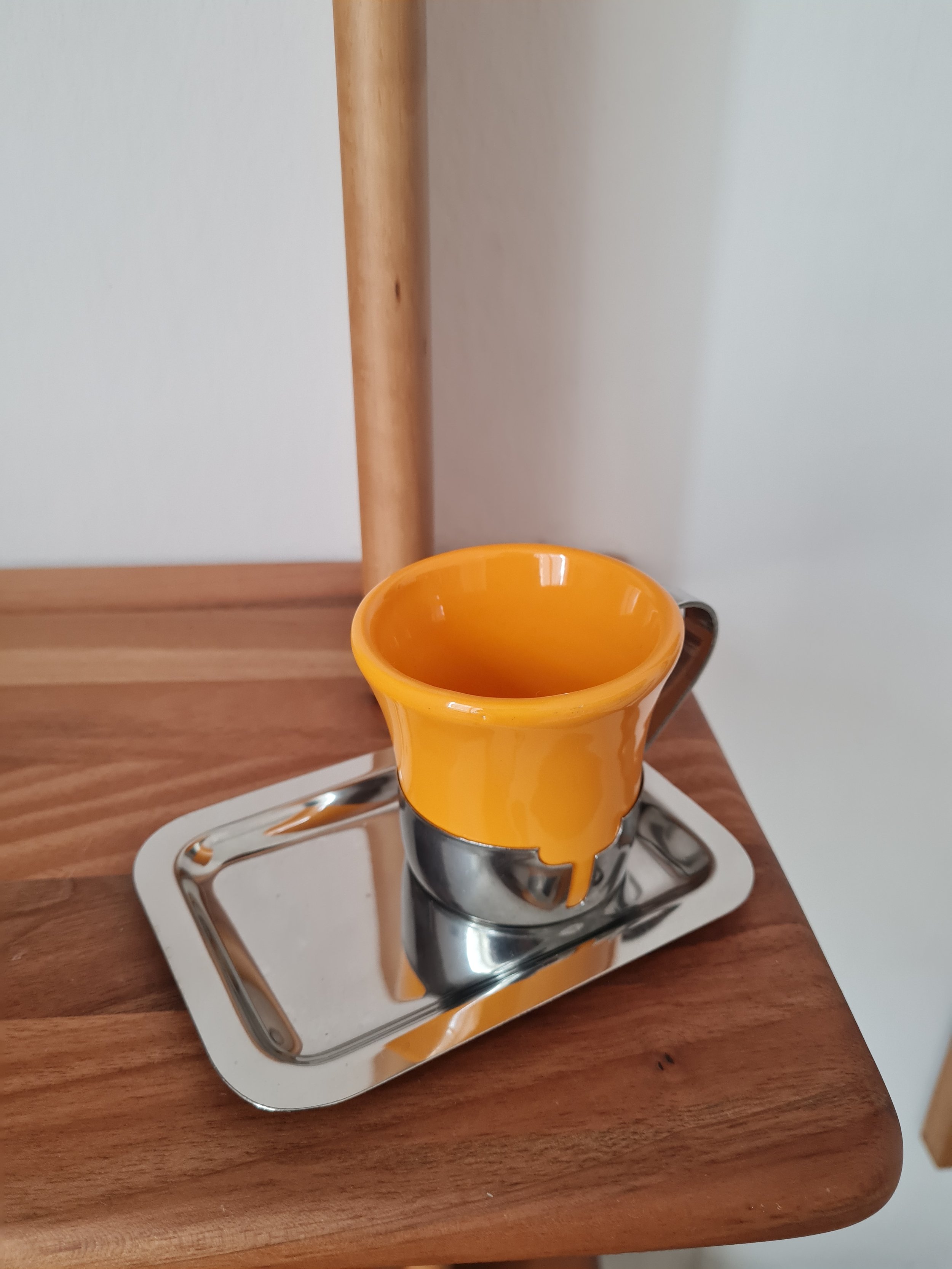 Vintage Italian Stainless Steel Yellow Ceramic Espresso Cup Set