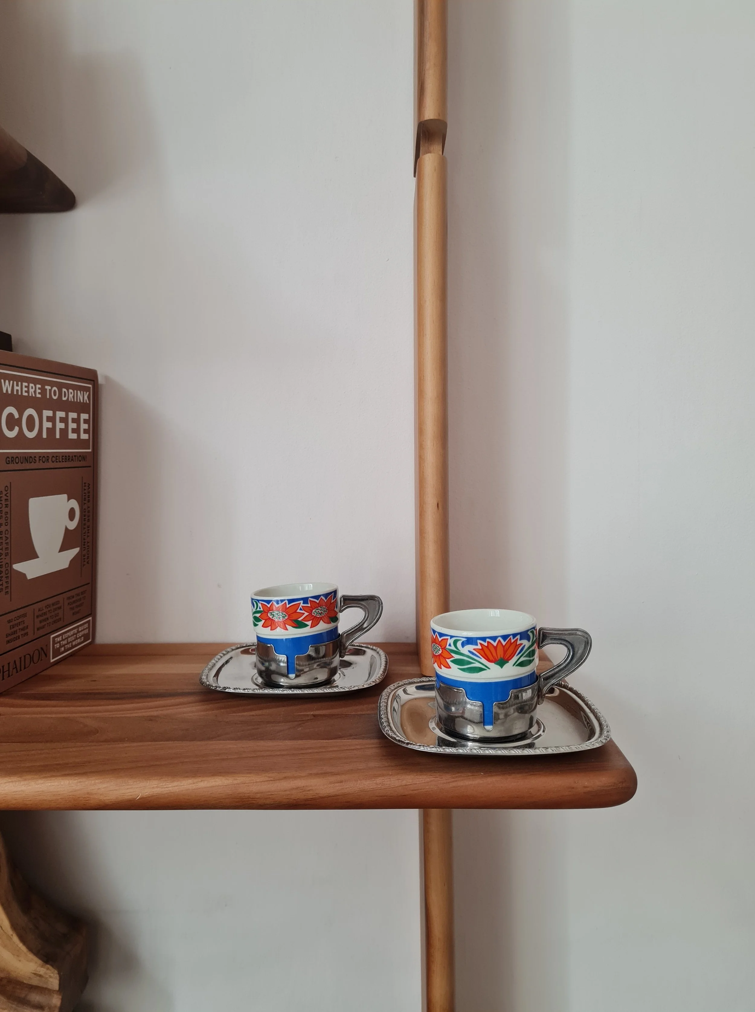 Vintage 1970s Italian Stainless Steel & Floral Ceramic Espresso Cup & Saucer