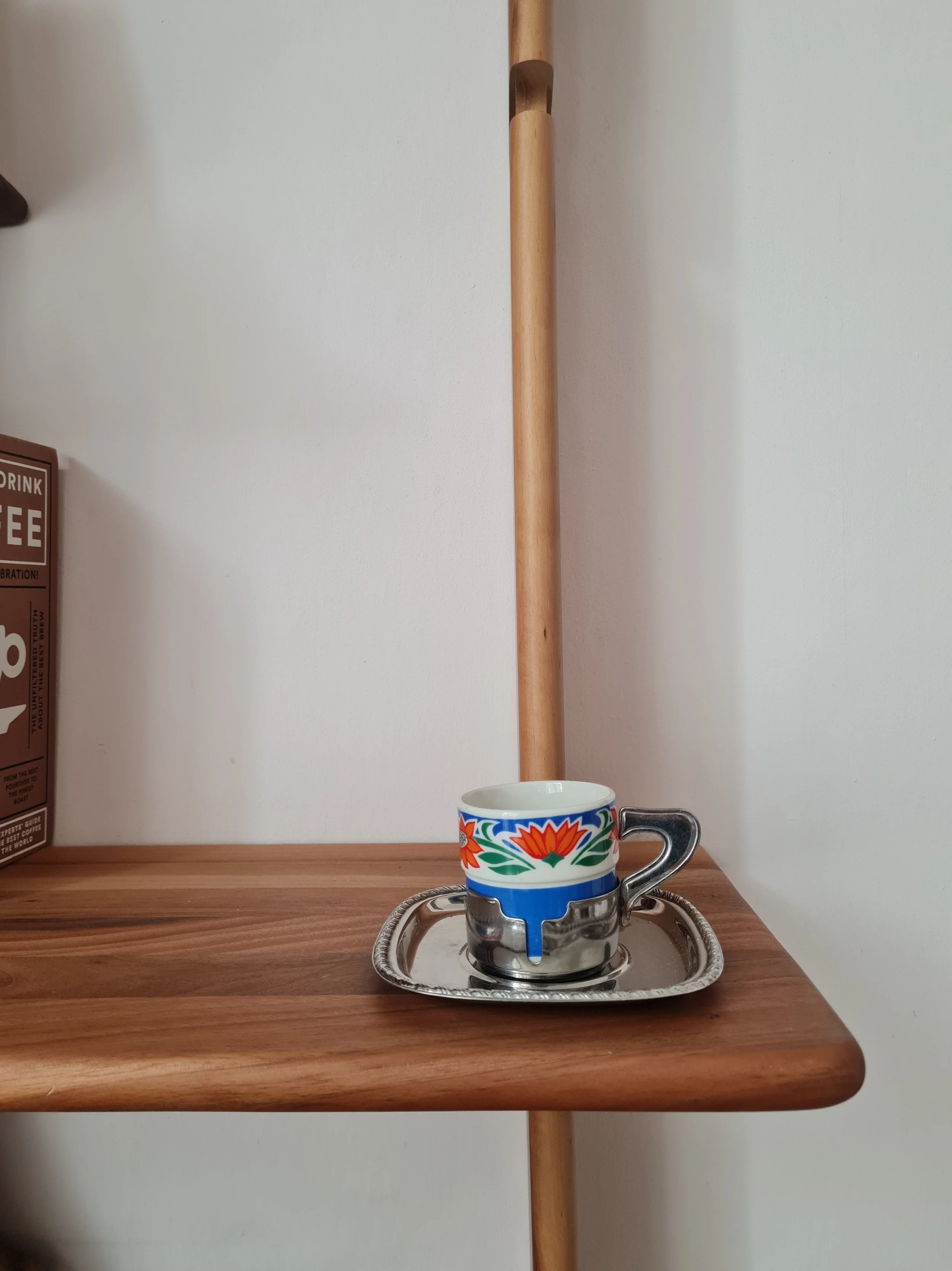 Vintage 1970s Italian Stainless Steel & Floral Ceramic Espresso Cup & Saucer