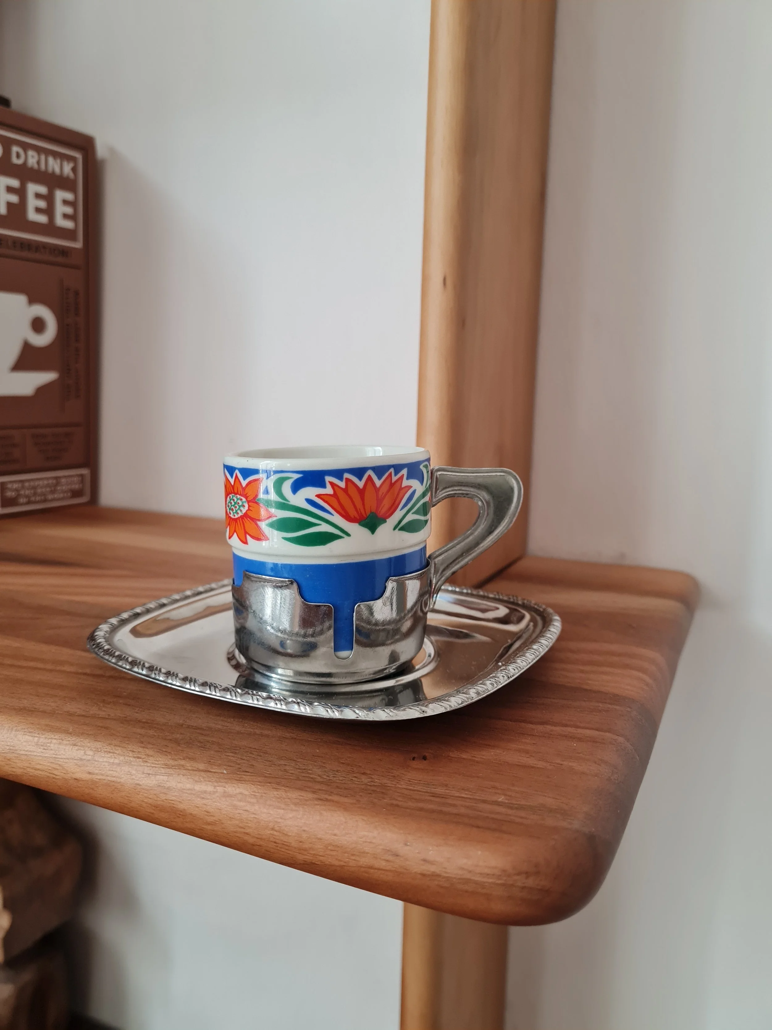 Vintage 1970s Italian Stainless Steel & Floral Ceramic Espresso Cup & Saucer