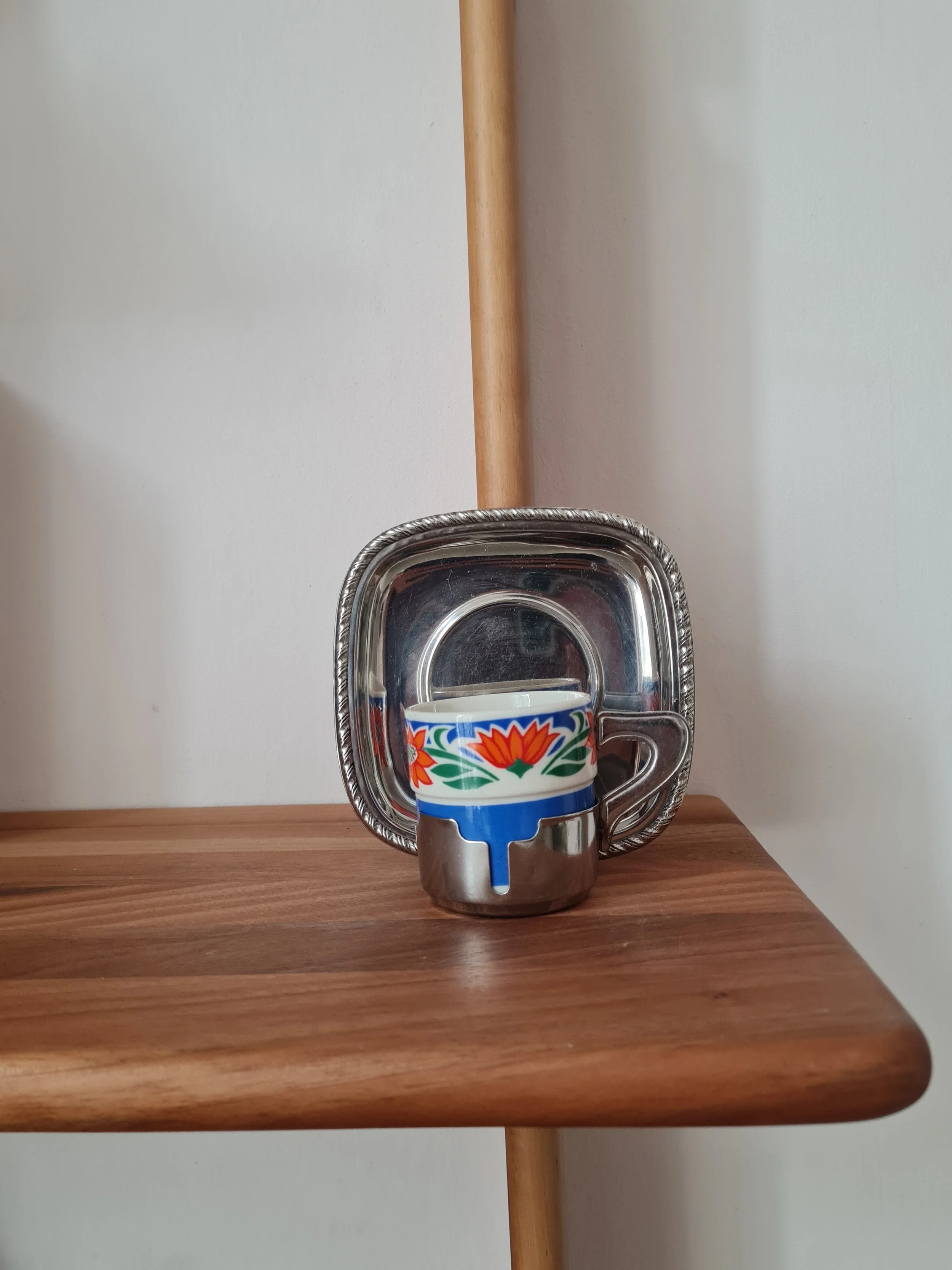 Vintage 1970s Italian Stainless Steel & Floral Ceramic Espresso Cup & Saucer