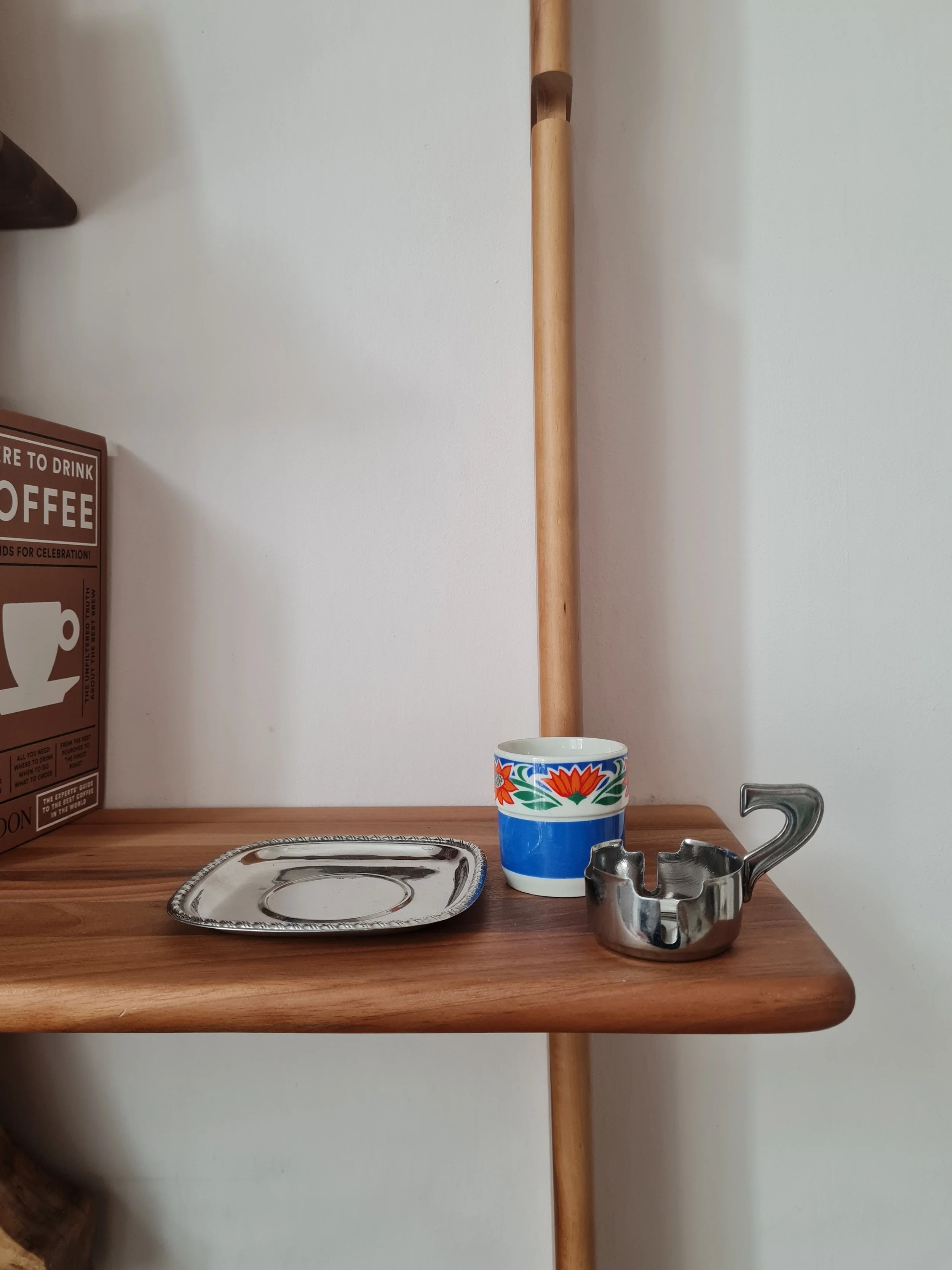 Vintage 1970s Italian Stainless Steel & Floral Ceramic Espresso Cup & Saucer