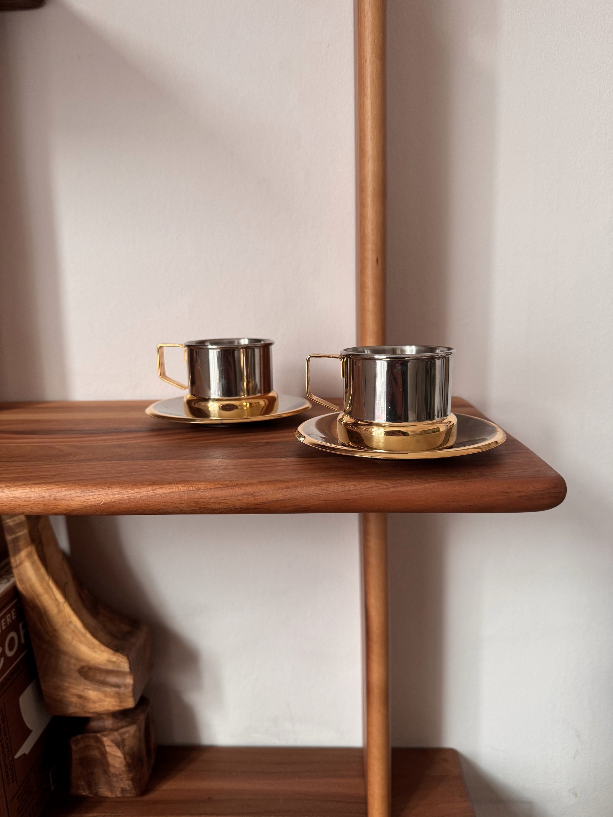 Vintage stainless steel and gold espresso cup and saucer