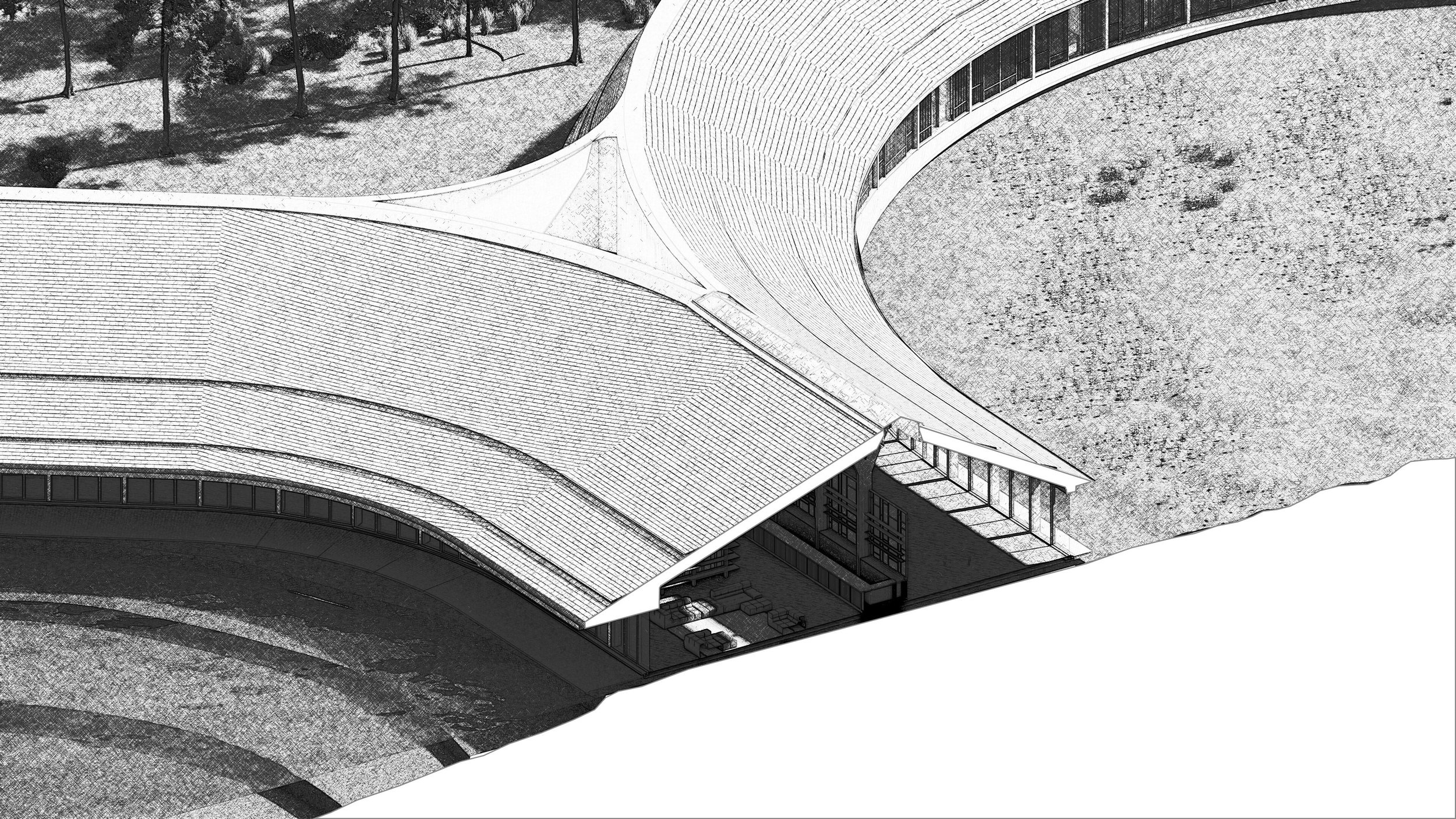 Architectural proposal exploring low-impact renovation strategies for a hotel embedded in woodland terrain.